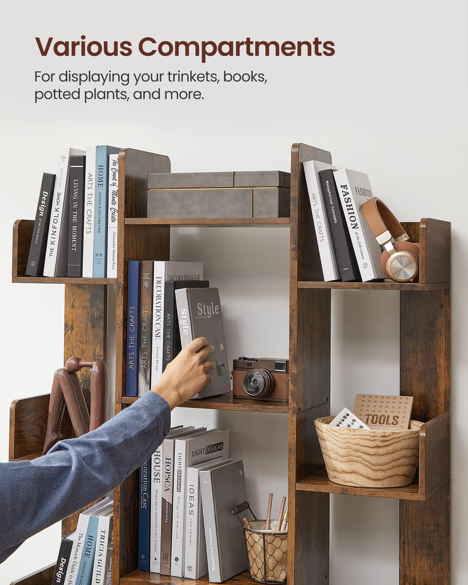 VASAGLE Bookshelf, Tree-Shaped Bookcase with 13 Storage Shelves, Rounded Corners, 9.8”D x 33.9”W x 55.1”H, Rustic Brown ULBC67BXV1 - Image 5