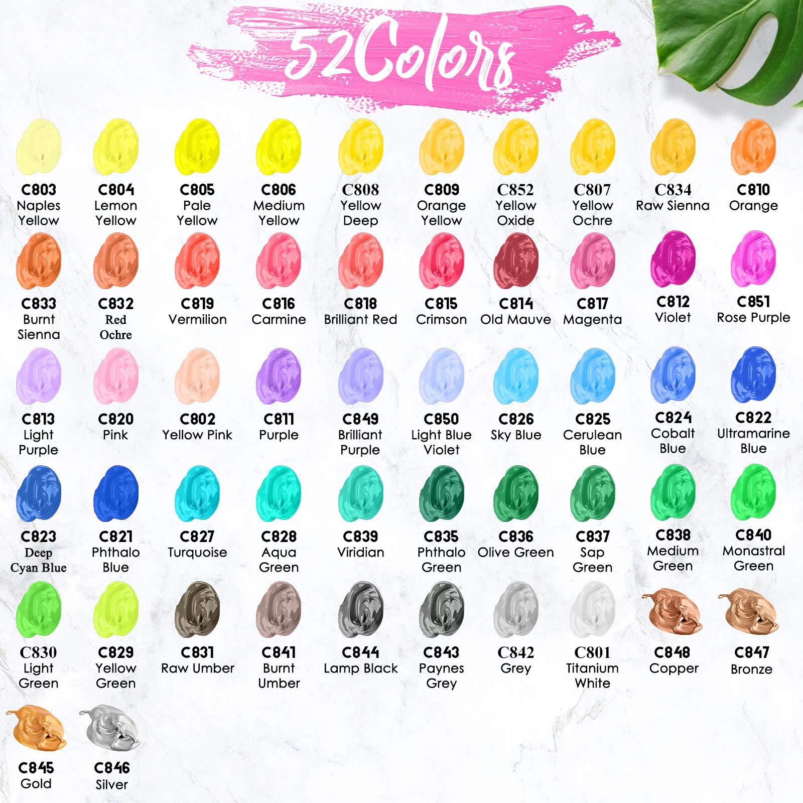 Caliart Acrylic Paint Set With 4 Brushes, 52 Colors (59ml, 2oz) Art Craft Paints for Artists Kids Students Beginners & Painters, Canvas Halloween Pumpkin Ceramic Wood Rock Painting Art Supplies Kit - Image 3