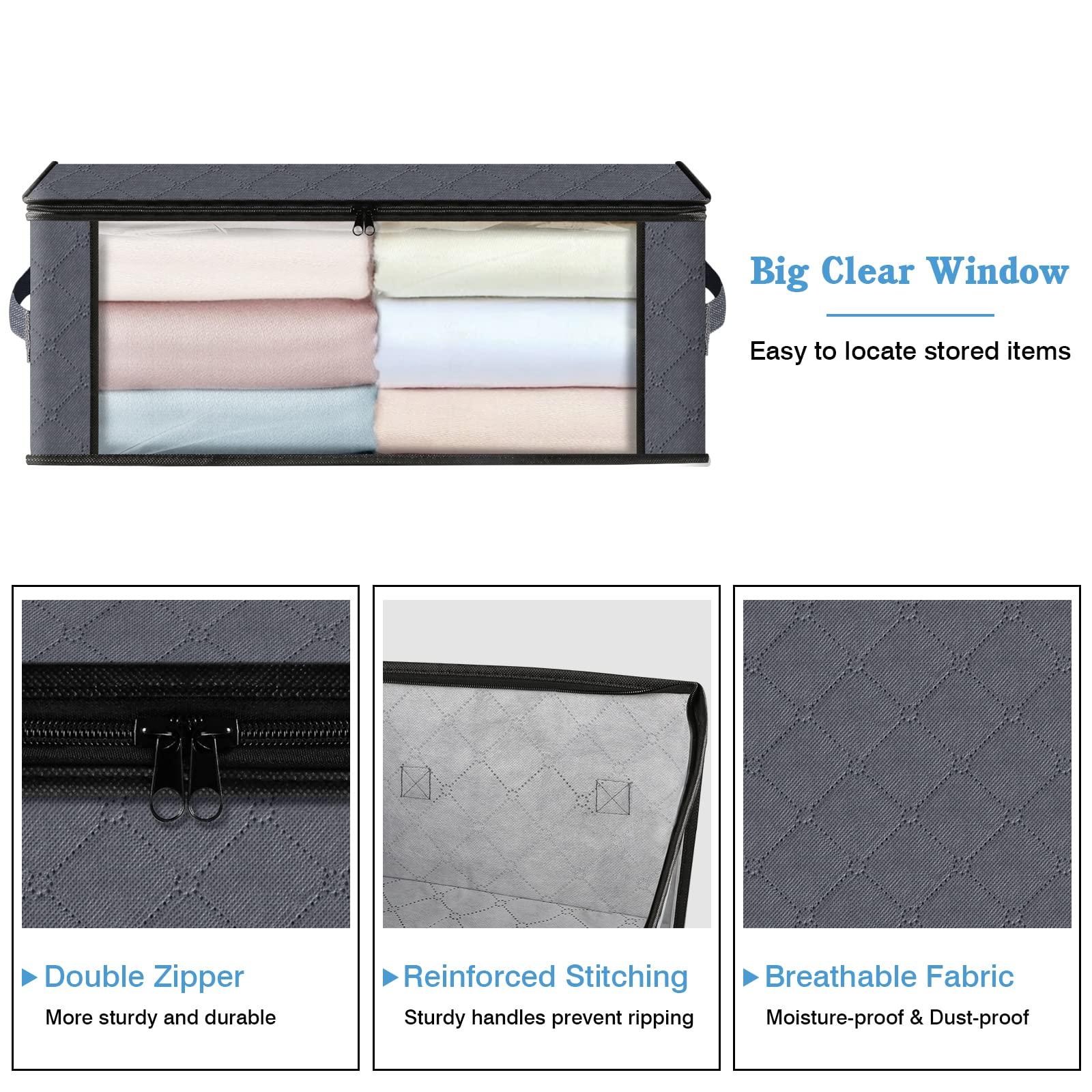 HomeHacks Storage 3-Pack Clothes Organizer Storage Bags Foldable Storage Box with Large Clear Window Sturdy Handles for Closet, Dorm, Pillows, Bedding, Clothes, Blankets, 35L, Gray - Image 4