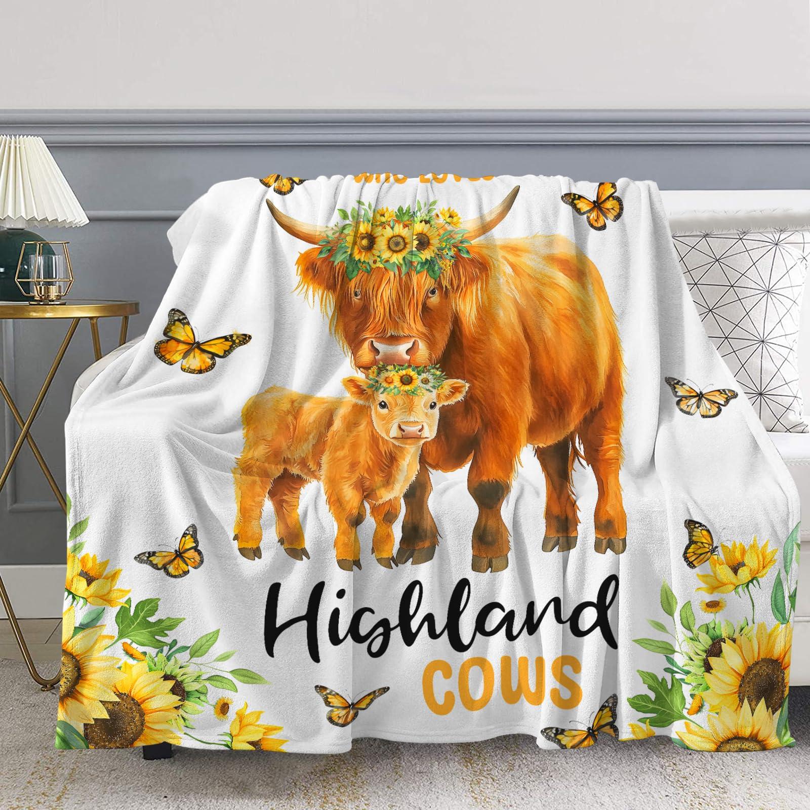 Levens Highland Cow Blanket Gifts Sunflower Cow Print Throw Blankets, Just A Girl Who Loves Highland Cows Soft Flannel Throw Gifts for Women Kids Adults Teens for Couch Sofa Bed Decor 60"X50"