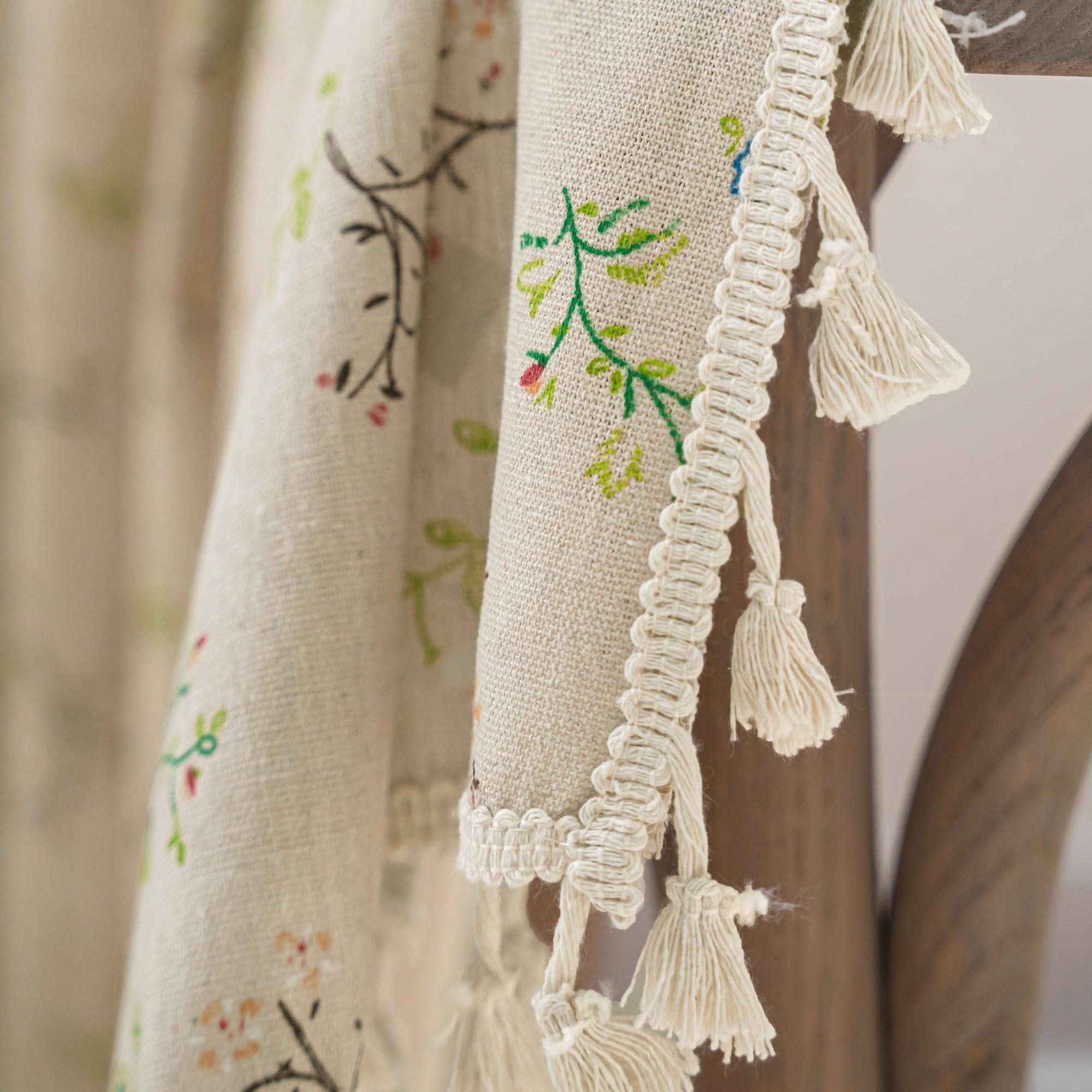 ENJOYBRIDAL Floral Bedroom Curtains 84 Inch Length 2 Panels Set Farmhouse Semi Sheer Living Room Drapes Cotton Linen Blend Bohemian Window Curtain Panels with Tassel Beige Rod Pocket Drapes - Image 6