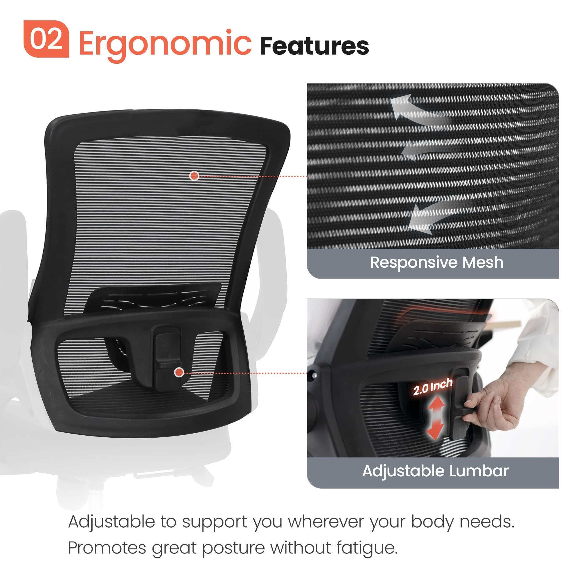 NEO CHAIR Office Desk Chair Computer High Back Mesh Gaming Seat with Ergonomic Adjustable Comfy Flip-up Armrests Lumbar Support Height for Home (Black) - Image 4