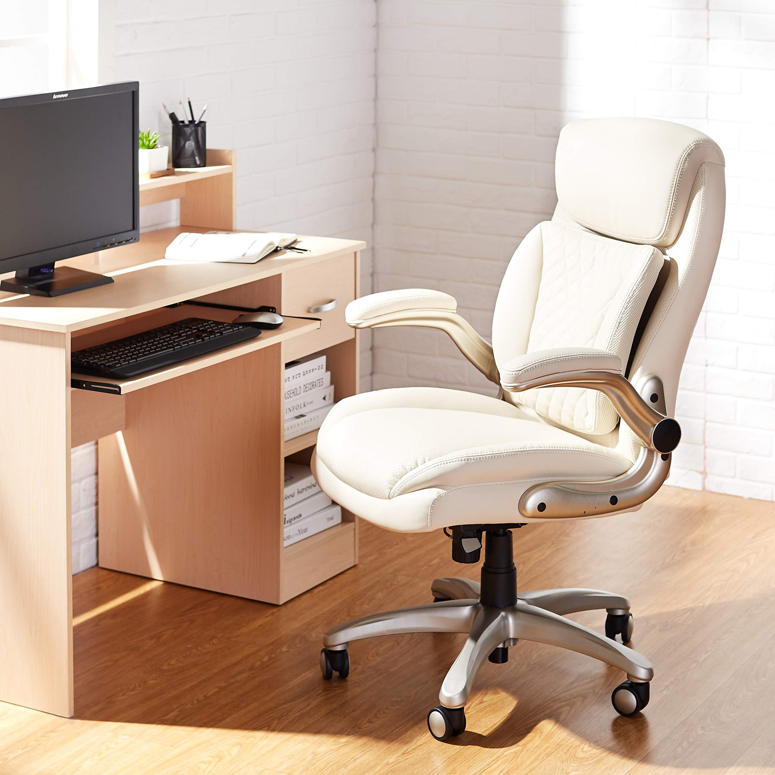 Amazon Basics Ergonomic Executive Office Desk Chair with Lumbar Support, Flip-up Armrests, Adjustable Height, Cream Leather - Image 2