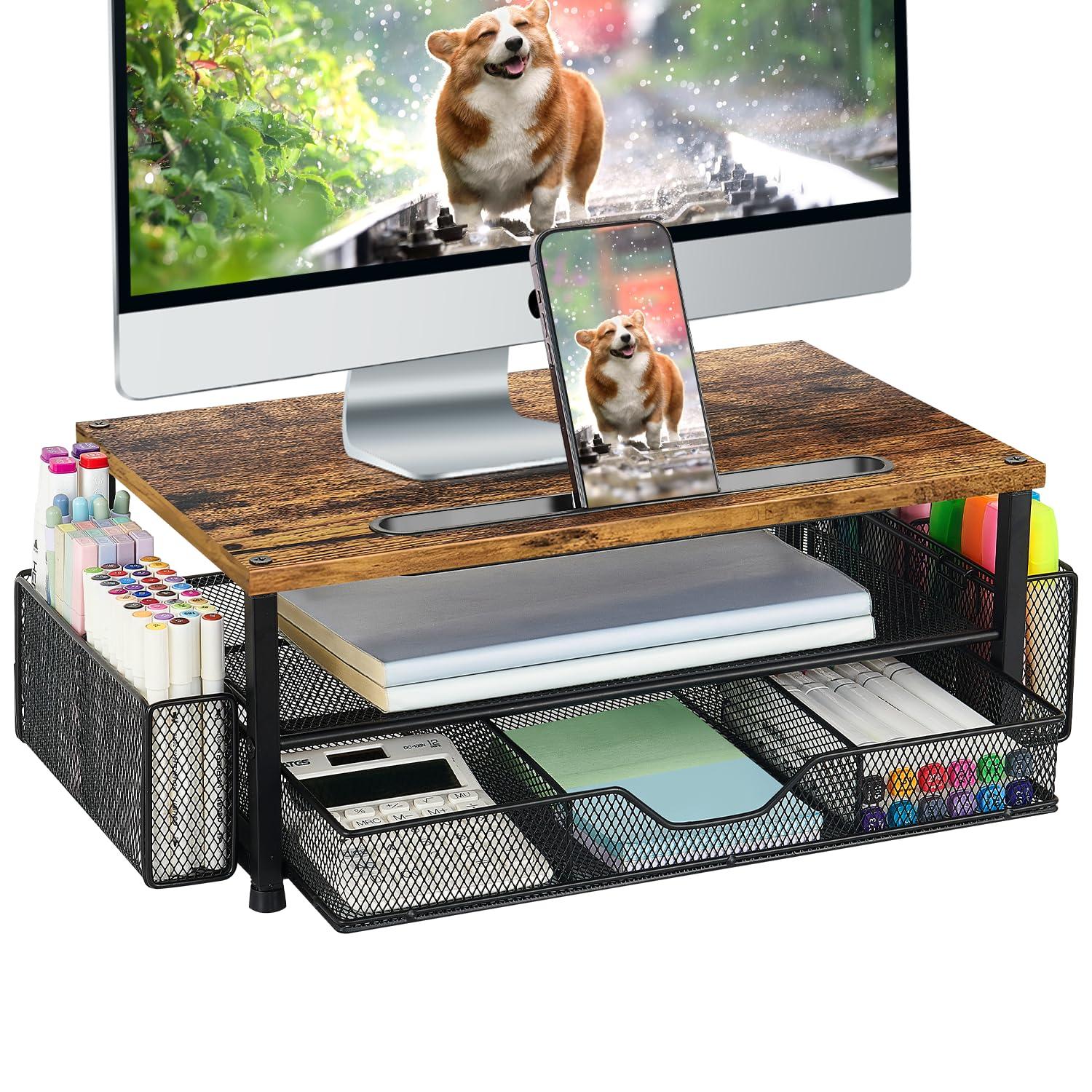 Wood Desk Organizers and Accessories, 2-Tier Computer Monitor Stand with Drawer, Pen Storage & Tablet Phone Holder, Office Desk Accessories, Workspace Desktop Organization for Office Supplies（Brown）