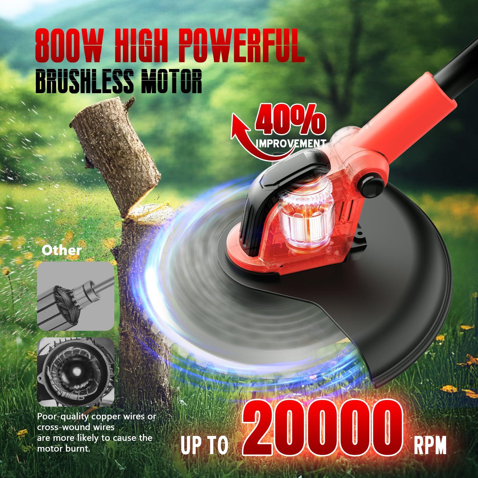 20000 RPM Electric Weed Wacker with Wheel,12″ Brushless Cordless Weed Eater Battery Powered, 4-in-1 Brush Cutter/String Trimmer/Grass Trimmer/Lawn Mower,Edger Stringless Weed Trimmer,5 Blade,2 Battery - Image 3