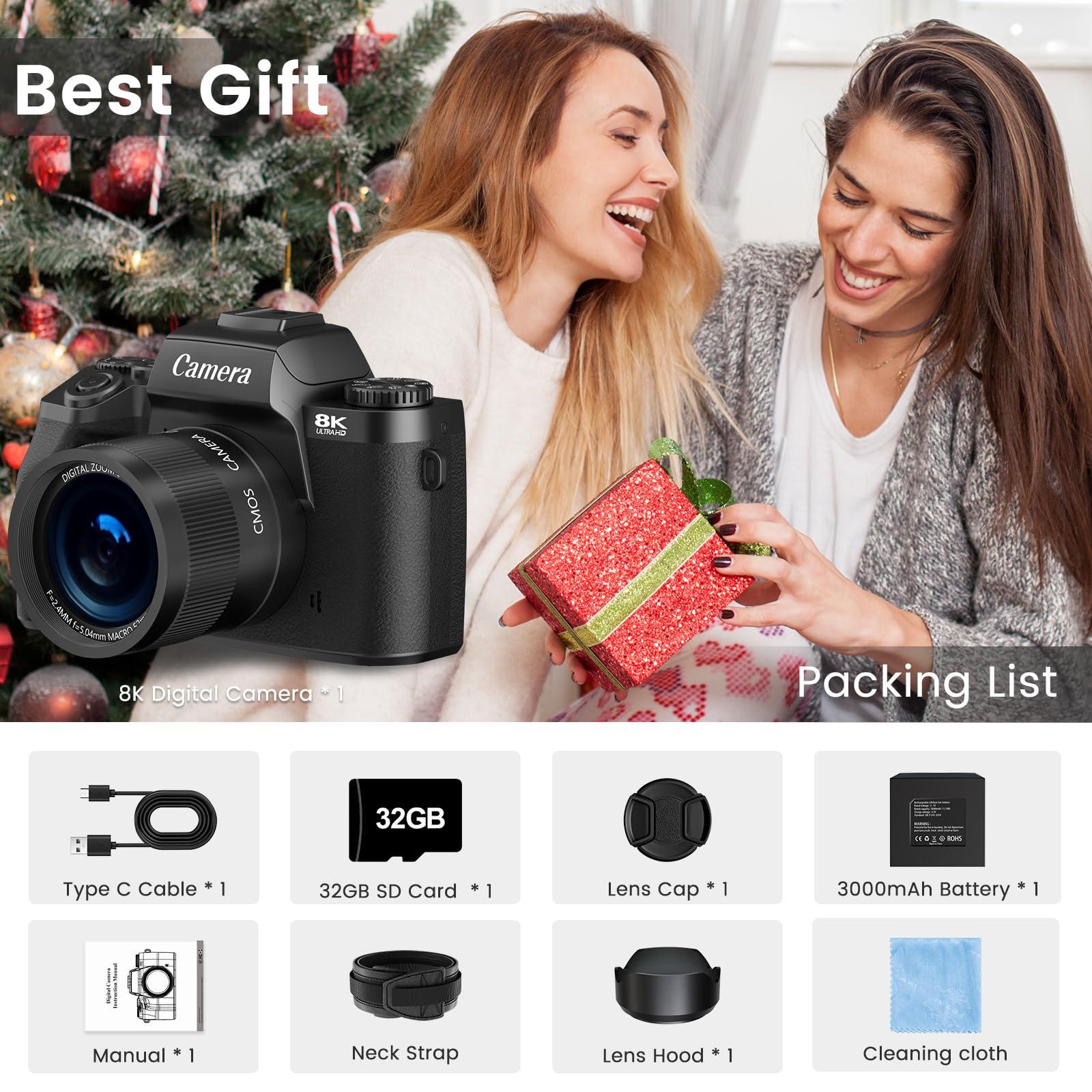 8K Digital Camera for Photography, Vlogging Camera for YouTube with Autofocus, 4 Inch Touchscreen 16X Digital Zoom Video Camera with 3000mAh Battery, Dual-Lens, Lens Hood, 32GB TF Card and Flash,Black - Image 9