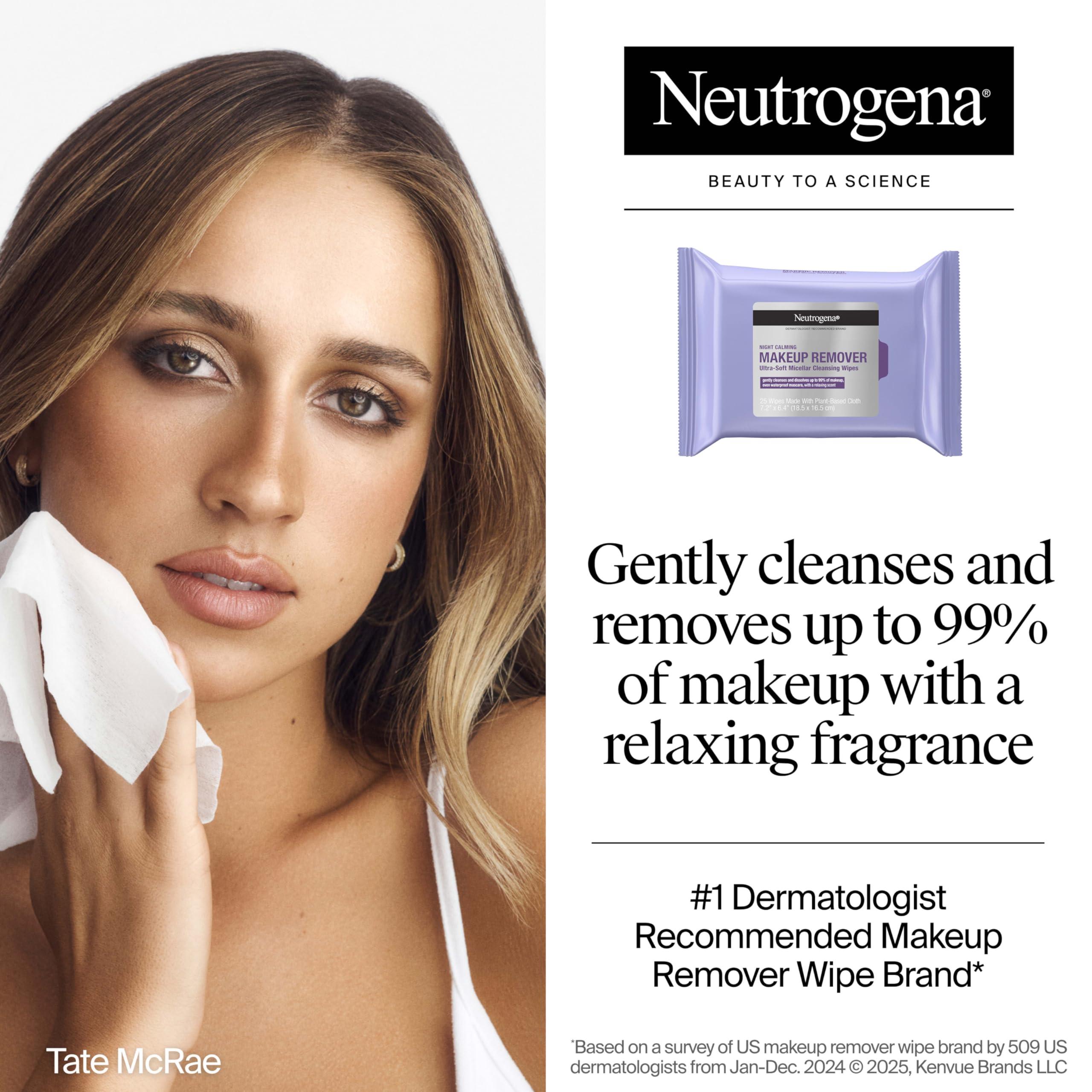 Neutrogena Night Calming Makeup Remover Face Wipes, Nighttime Cleansing Towelettes Remove Sweat, Dirt & Makeup & Calms Skin, Hypoallergenic, 100% Plant Based Cloth, Twin Pack, 2 x 25 ct - Image 2
