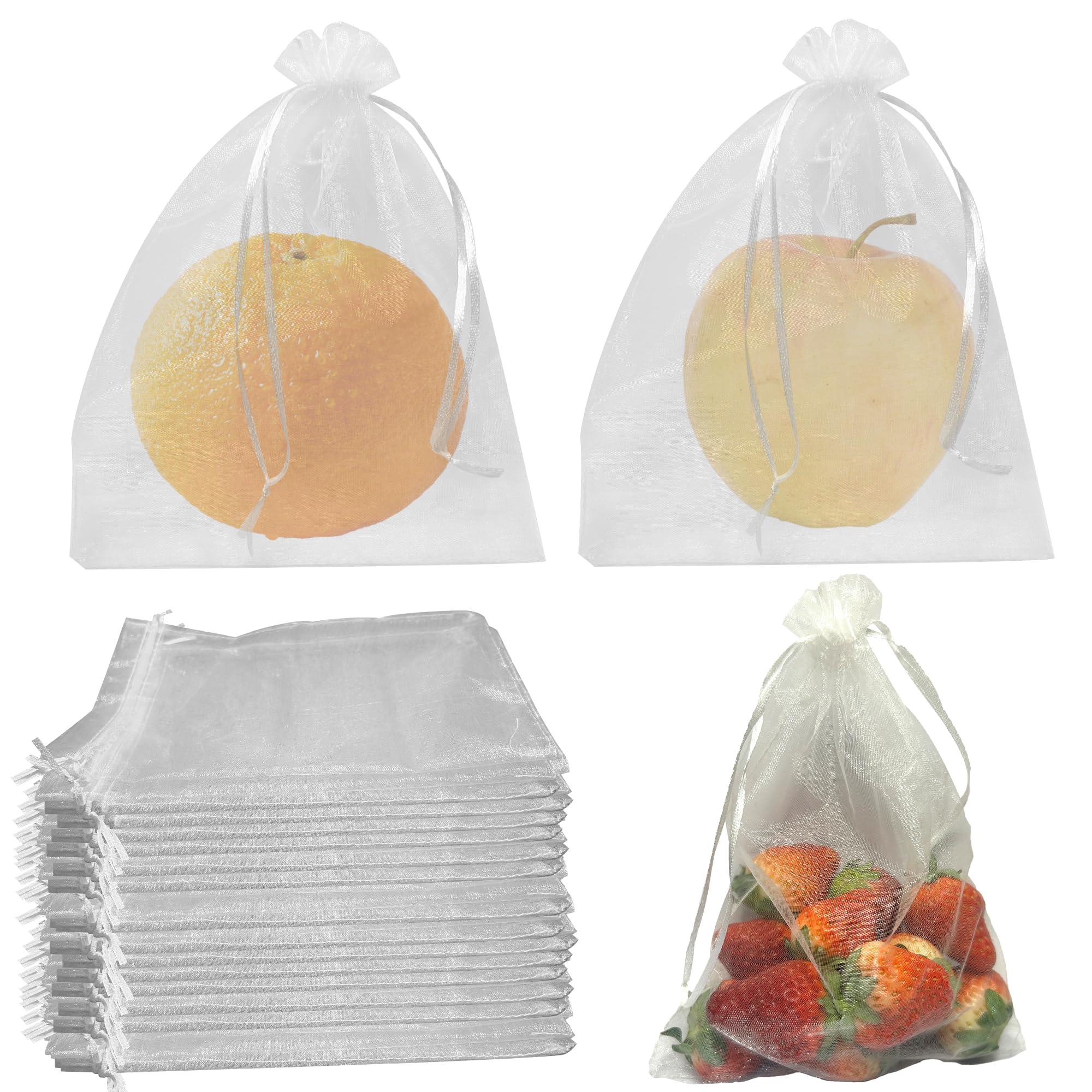 Daorfaa 100pcs Fruit Protection Netting Bags 9x6.7 inch, Netting Cover Bags Drawstring Mesh Fruit Protectors Pest Barrier for Grapes Mango Orange Apple Fruit Trees Veggies Garden