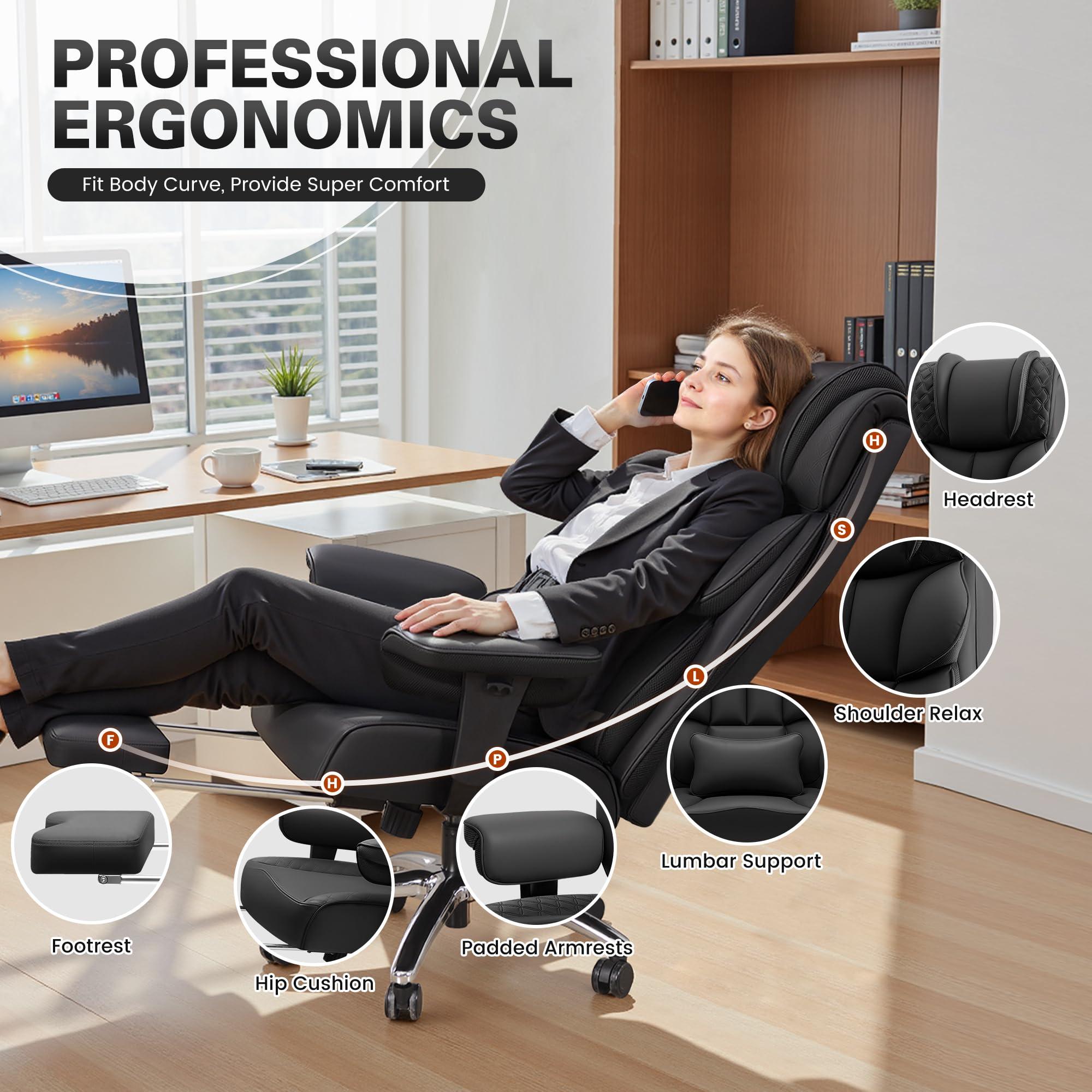 BestGlory Office Desk Chair, Big and Tall Leather Gaming Chair with Footrest, Wide Ergonomic Comfy Executive High-Back Reclining Computer Chairs, Swivel Rolling Wheels and Padded Lumbar Support, Black - Image 3