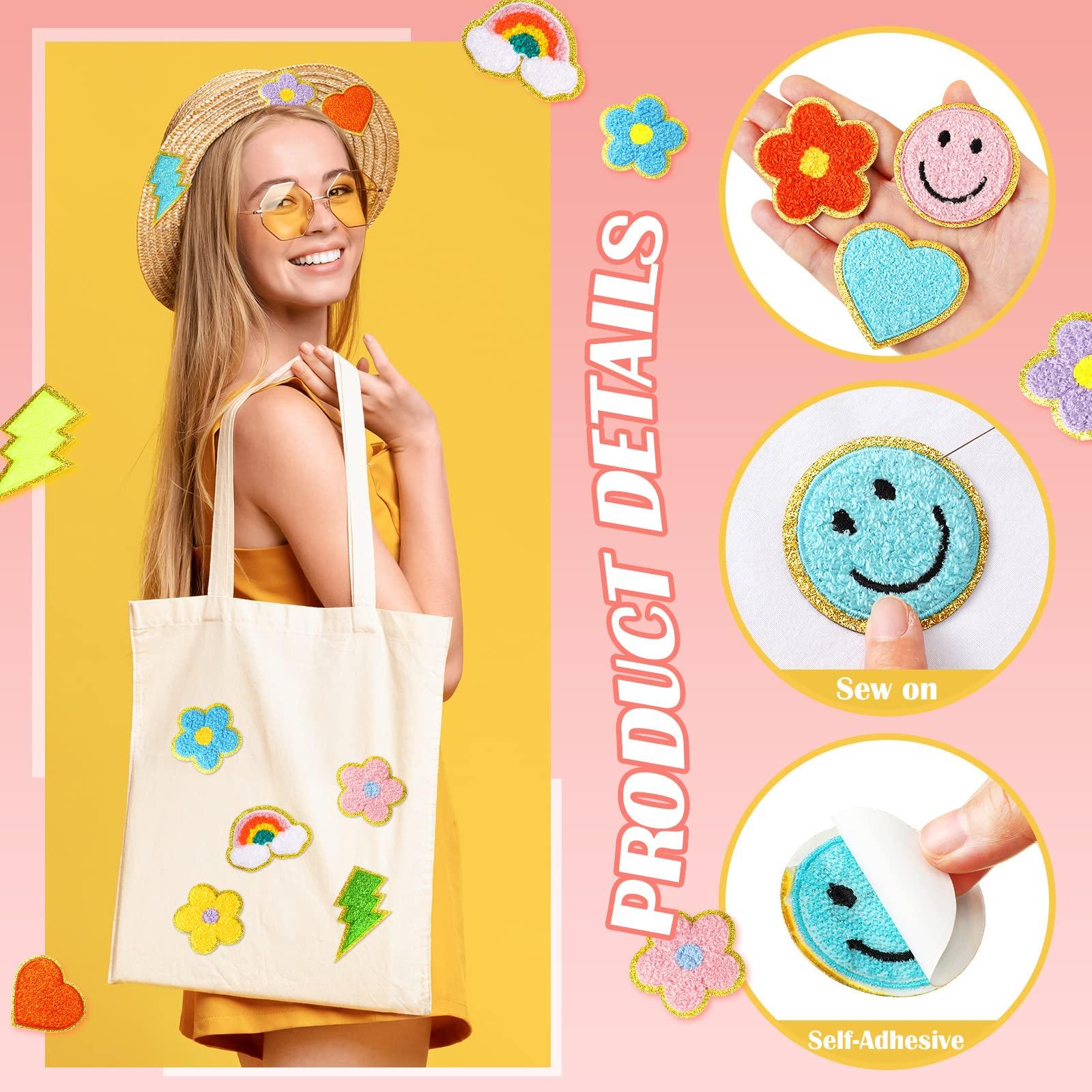 Hanaive 80 Pcs Chenille Patches Self Adhesive Patches 3D Cute Embroidered Rainbow Lightning Smile Face Heart Applique Sewing Badges Patch for Fabric Clothing Jackets Jeans DIY (Self Adhesive) - Image 3