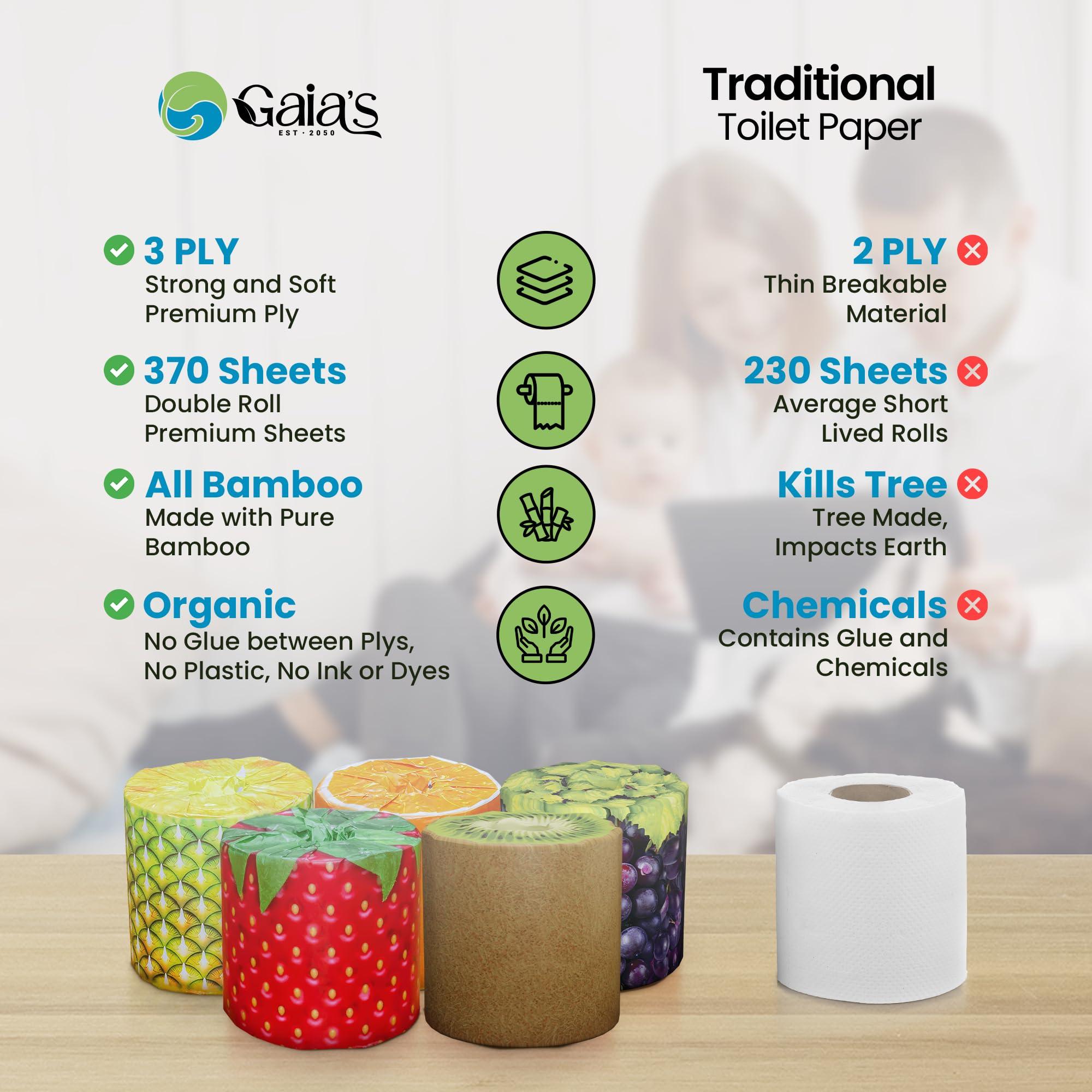 Gaias Premium and Soft Fruit TP Organic Bamboo Toilet Paper | 12 Mega Rolls, 3 Ply, 370 Sheets | FSC Certified, PFAS & BPA Free, Eco-Friendly, Sustainable Tissue - Plastic Free, Septic Safe, Vegan - Image 9