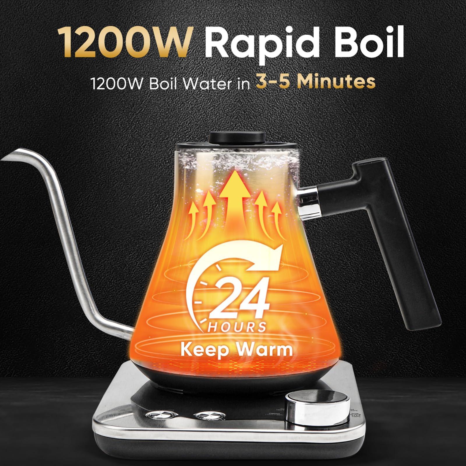 COZII Gooseneck Electric Kettle,5 Presets & ±1℉ Temperature Control 1200W Quick Heating Water Boiler for Coffee/Tea, 24H Keep Warm, Auto Shut Off Pour Over Kettle with 50pcs Coffee Filter,0.9L Silver - Image 3