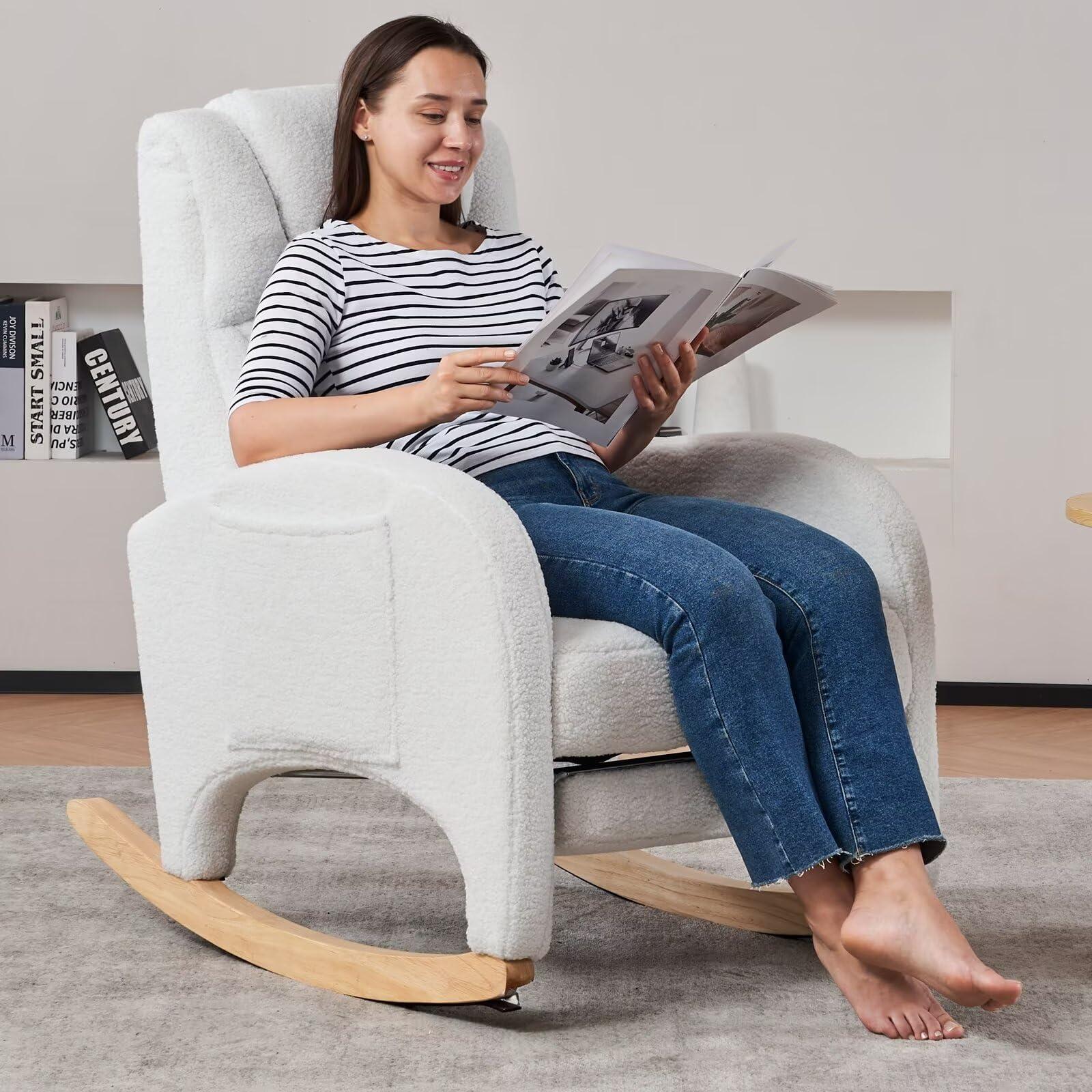 FOXHUNTER Rocking Chair Nursery, Modern Glider Chair with Adjustable Footrest and Solid Wood Legs, High Backrest Nursery Chair with Side Pocket, Rocker Armchair for Living Room Bedroom, Teddy Ivory - Image 7