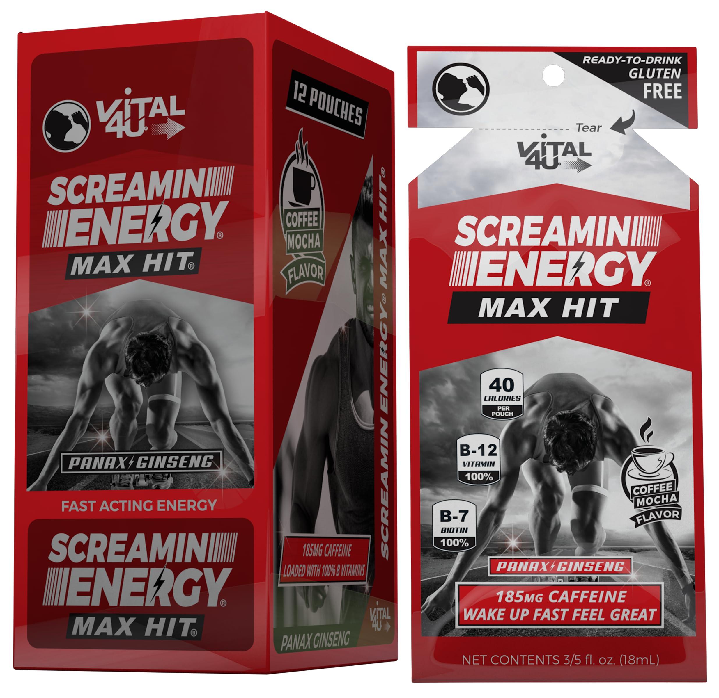 Screamin Energy Max Hit - Energy Shots Extra Strength with Ginseng & Caffeine - 100% B-1, B-2, B-3, B-6, B-7 and B12 Coffee Mocha, 24 Count