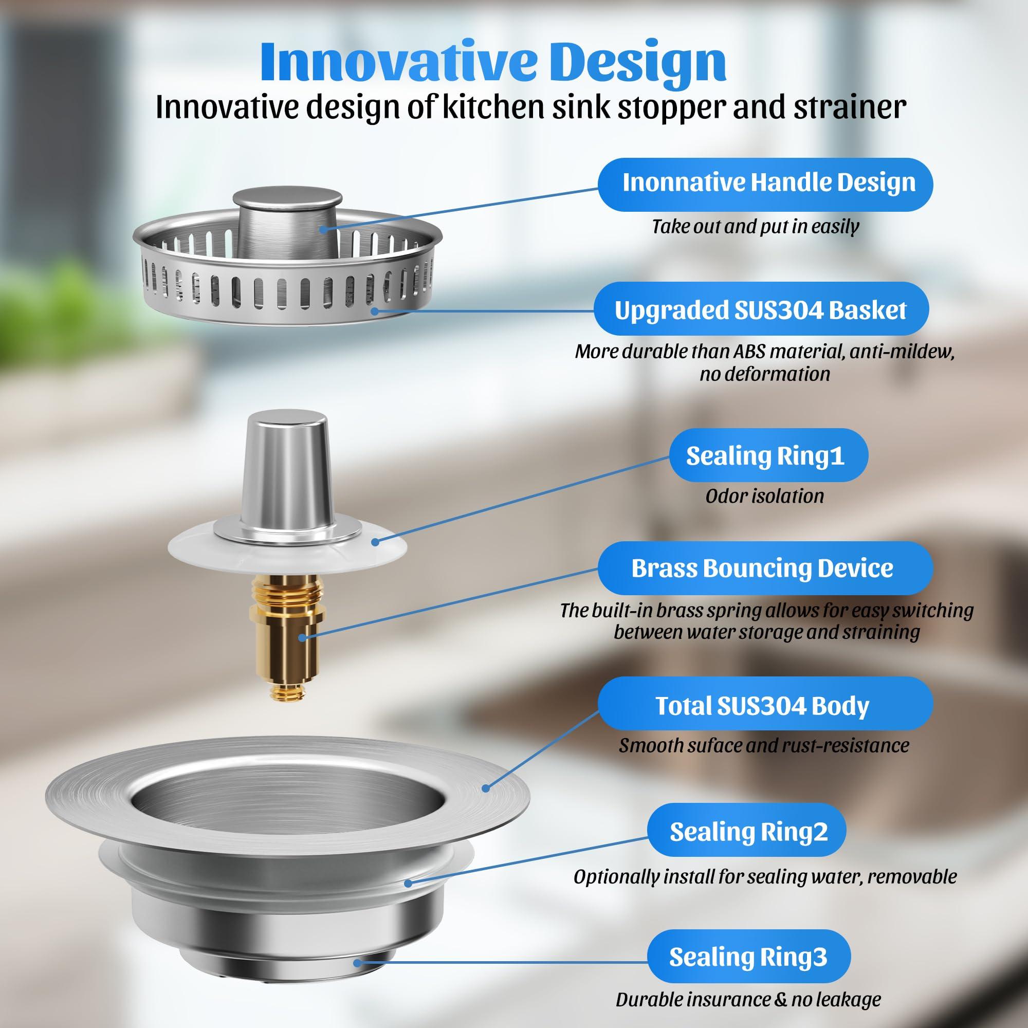 NinjaTiger Kitchen Sink Drain Strainer - 2-Pack Stainless Steel Sink Stopper 3-in-1 Pop-Up Sink Strainer with Anti-Clogging Basket Odor Filter Sink Drain Cover Plug for US Standard 3-1/2 Inch Drain - Image 7