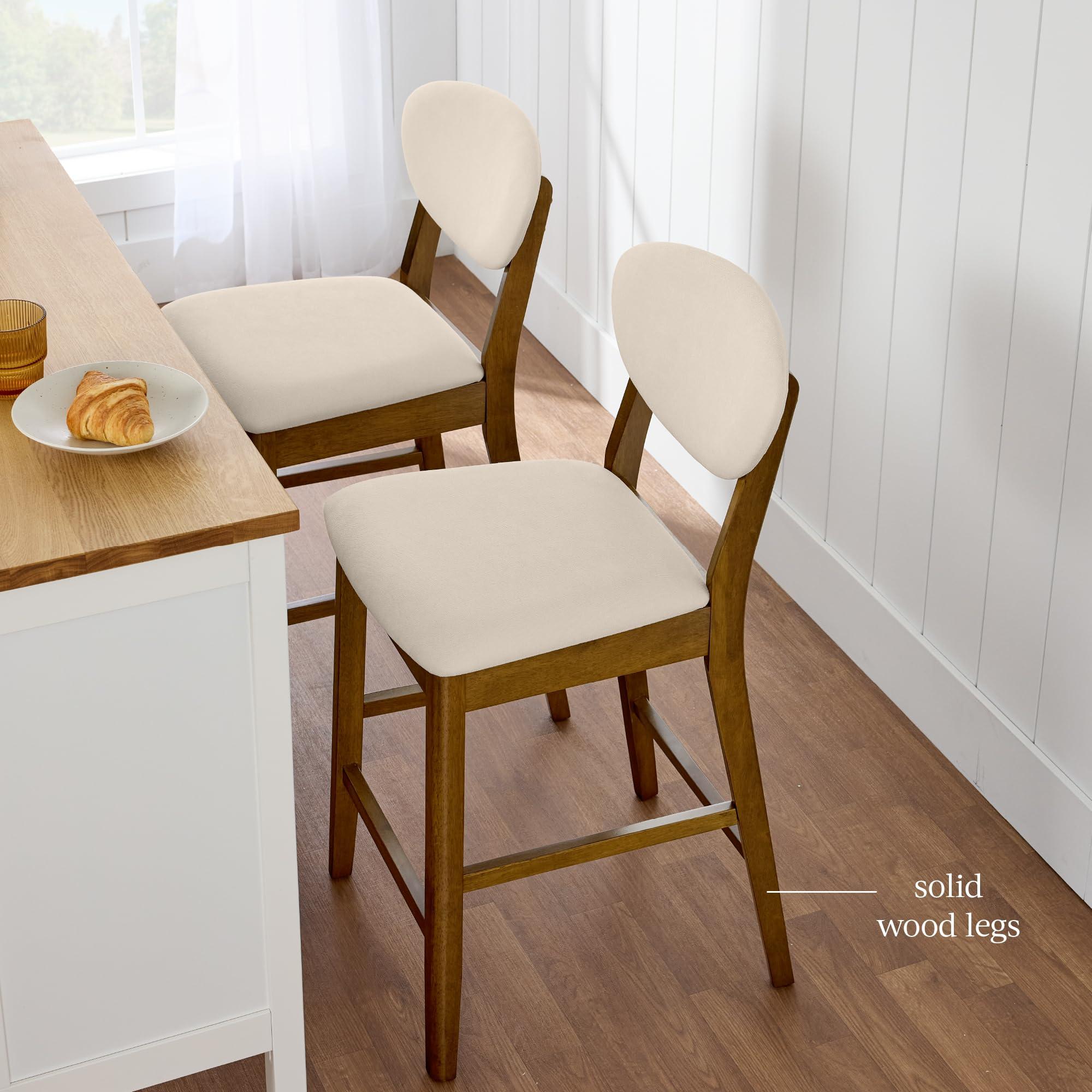 Best Choice Products Bar Stool Set of 2, Mid-Century Modern Upholstered Wood, Armless Counter Height w/Seat Cushion, Backrest - Walnut/Cream - Image 7