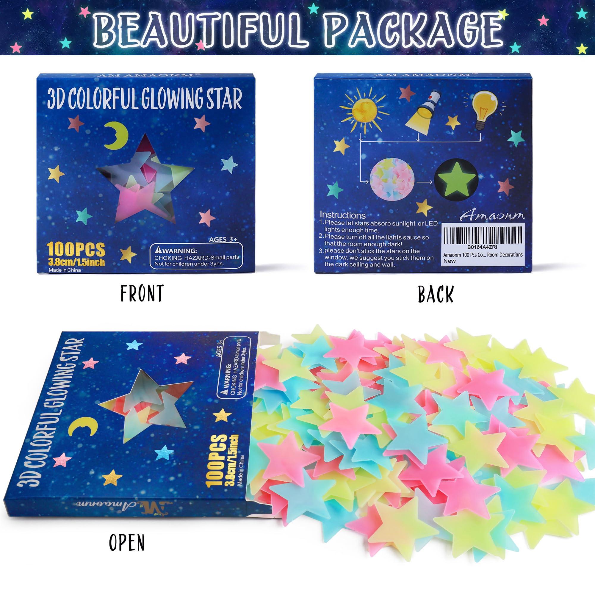 AM AMAONM 100 Pcs Colorful Glow in The Dark Luminous Stars Fluorescent Noctilucent Plastic Wall Stickers Murals Decals for Home Art Decor Ceiling Wall Decorate Kids Babys Bedroom Room Decorations - Image 3