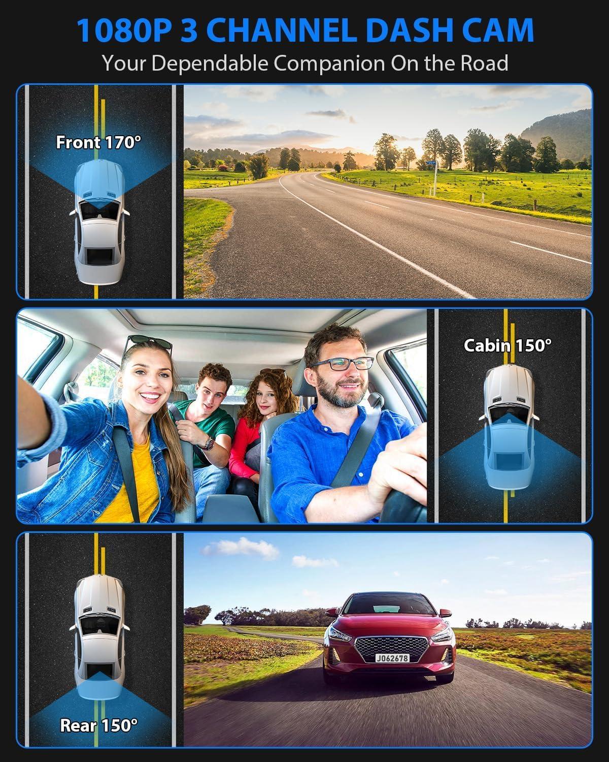 Dash Cam Front and Rear, 1080P Dash Camera for Cars, 3 Channel Car Camera Front Rear and Inside with 32GB Card, Loop Recording, Night Vision, HDR, G-Sensor, 24Hr Parking - Image 2