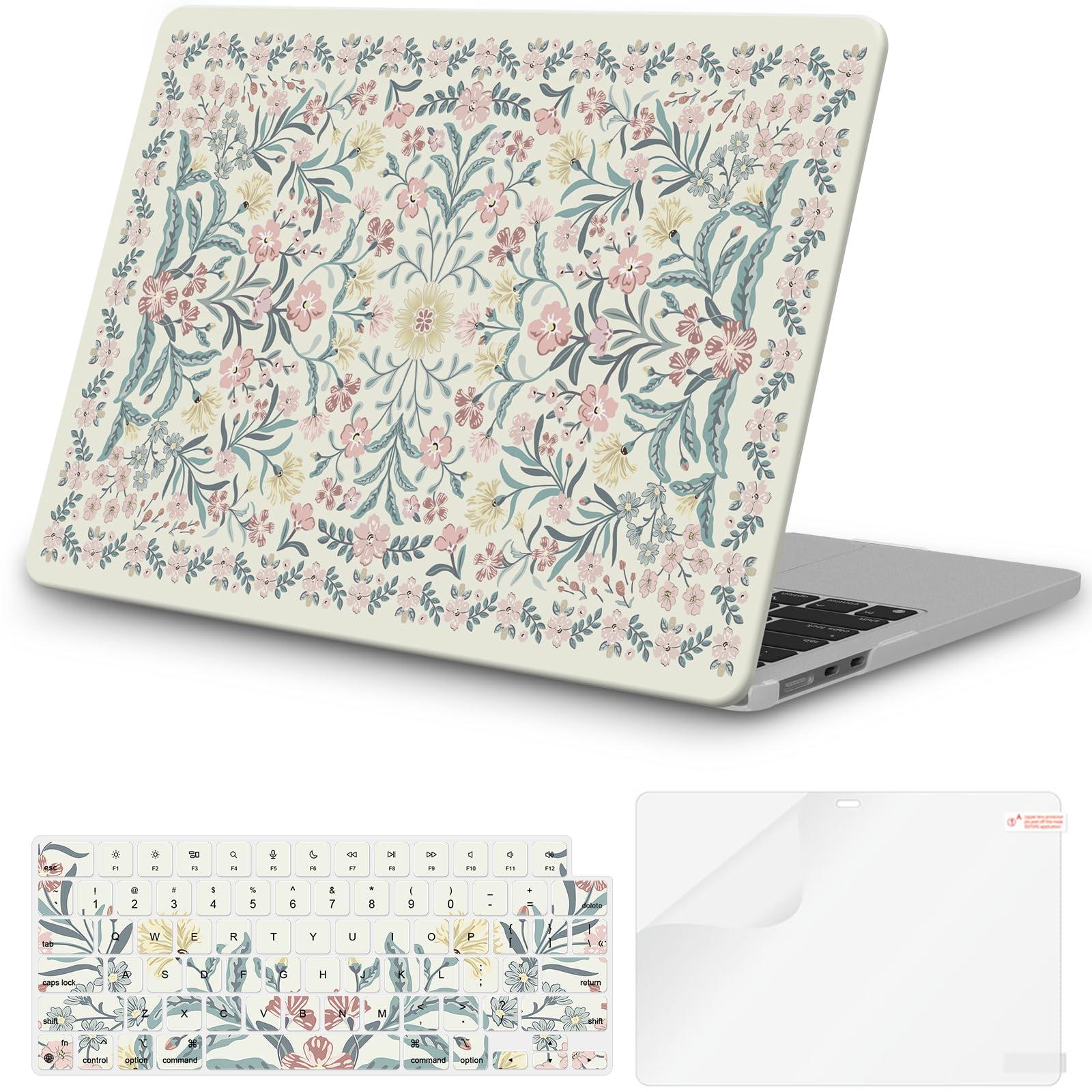 iCasso for M4 MacBook Air 13 inch Case 2025 2024-2022 M3 M2 Model A 3240 A3113 A2681, Sturdy Protective Pattern Plastic Hard Shell Case for Mac Air 13.6", Keyboard Cover + Screen Protector, Pink Boho