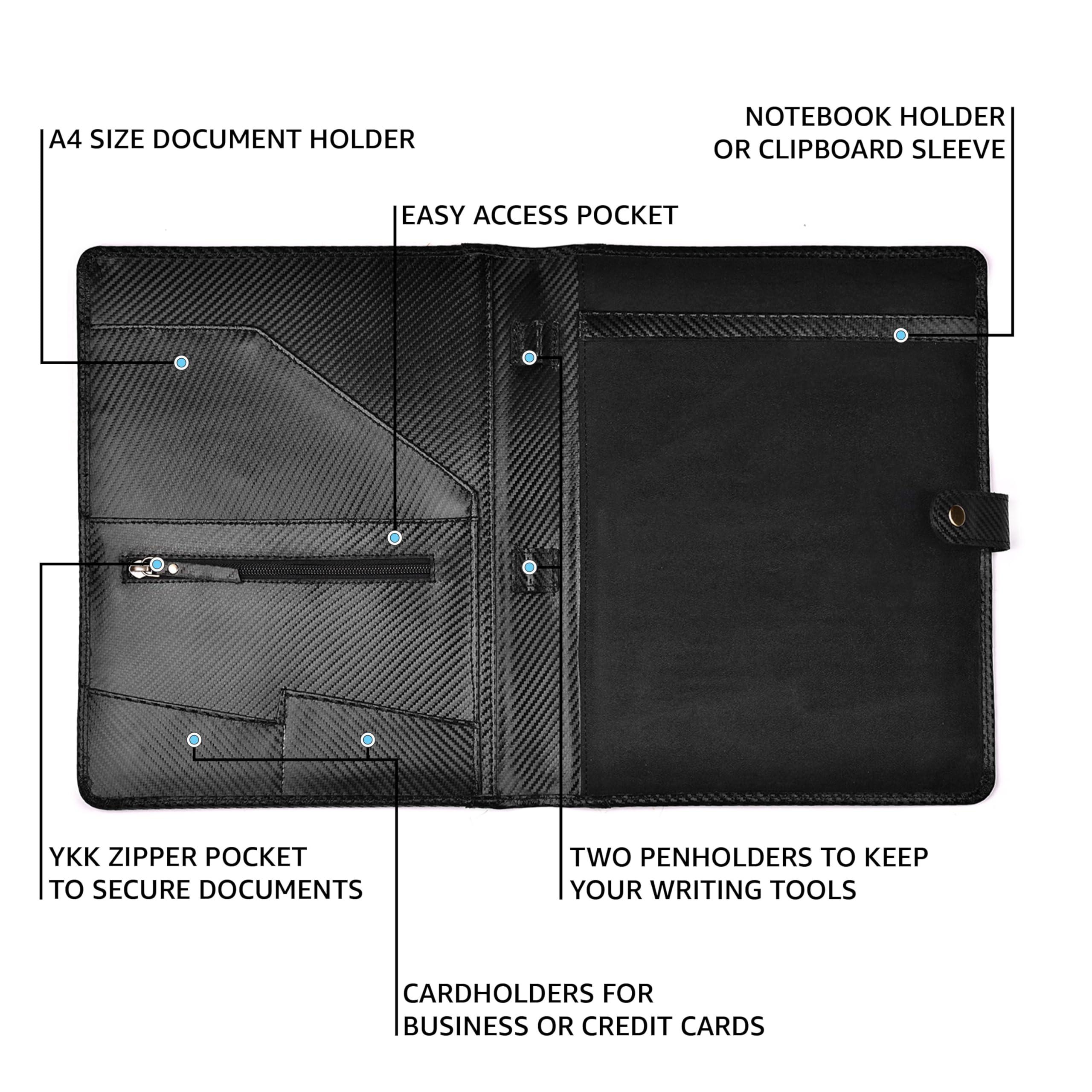 LEATHER VILLAGE Portfolio Professional Organizer – Carbon Fiber Genuine Leather Padfolio Resume Folder for A4 Letter Pad with Pen Holder, Business Card Slots – Ideal for Men & Women - Black - Image 4