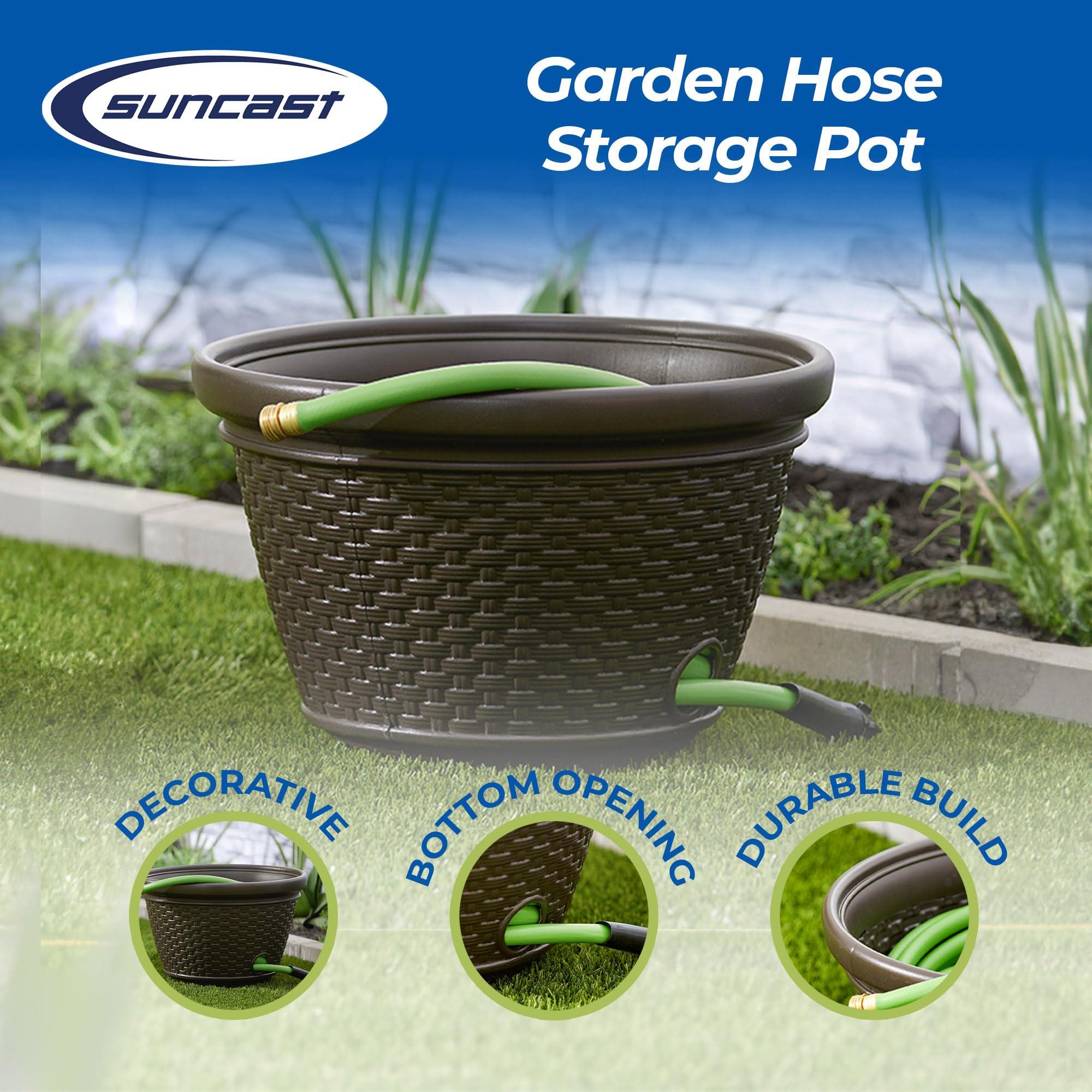 Suncast Decorative Wicker Garden Hose Holder Pot with 4 Drain Holes for 100 Foot Hoses, Java - Image 4
