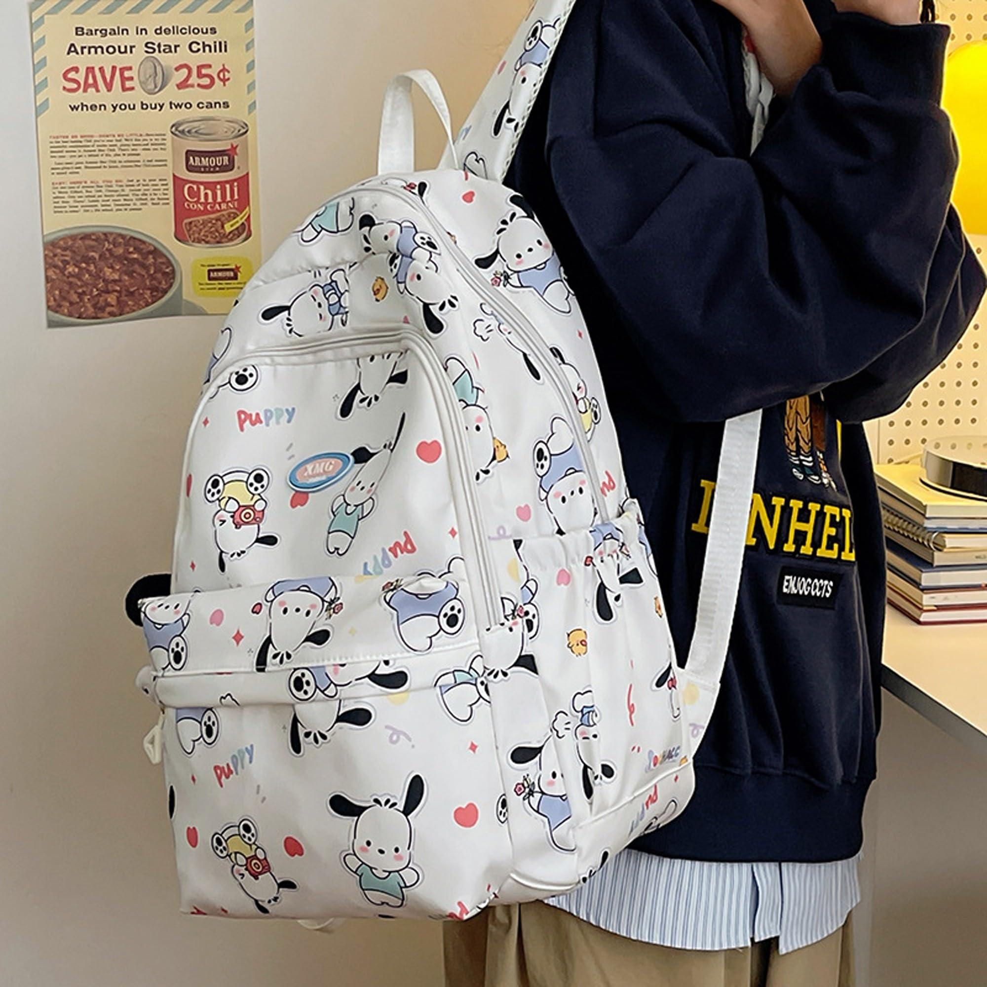 Roffatide Cartoon Pochacco All Over Print Casual Backpack Laptop Backpack Bike Travel Hiking Rucksack Daypack White (With Cute Pendants) - Image 7