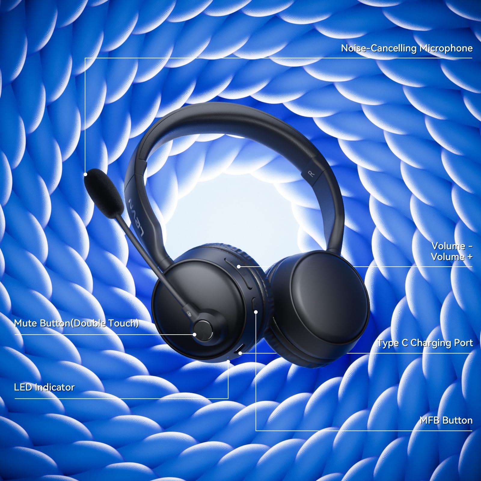 LEVN Bluetooth Headset with Mic & Mute Button, 60 Hrs Noise Cancelling Wireless Headset with Multipoint Connect to Cell Phone/Tablet/PC/Laptop - Image 6
