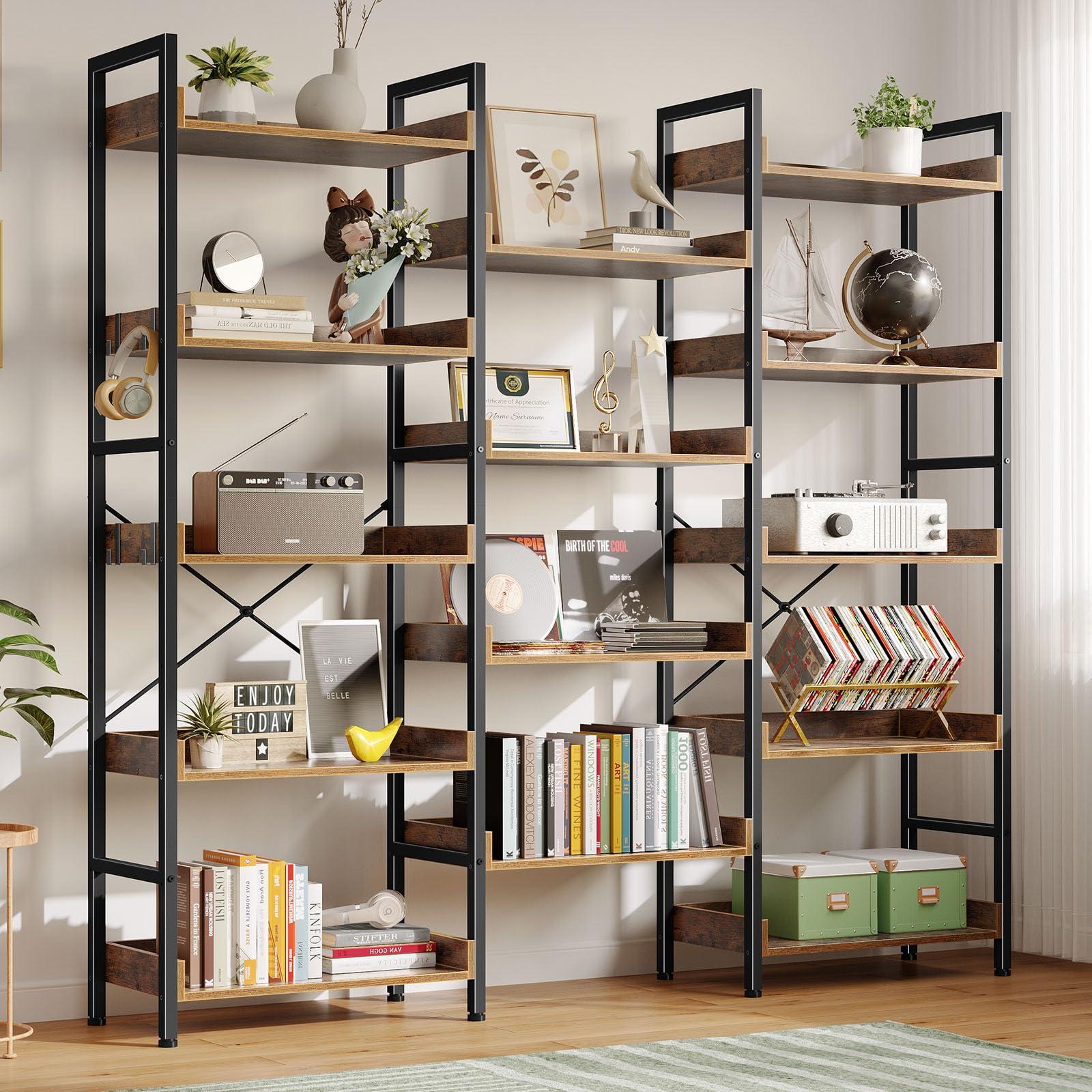 Rolanstar Bookshelf 5 Tiers with 4 Hooks, Triple Bookcase with Open Display Shelves, Industrial Wide Bookshelf with Metal Frame for Living Room, Office, Rustic Brown - Image 2