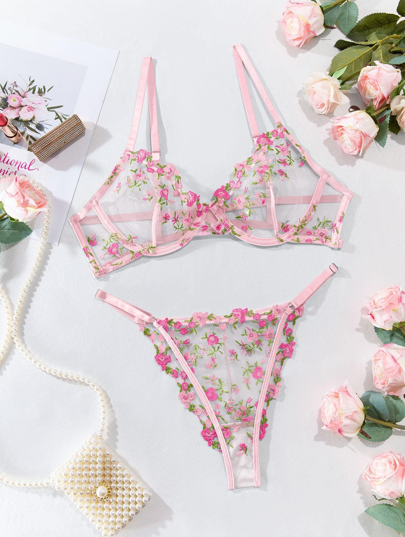 Lilosy Sexy Floral Embroidered Mesh Sheer Underwire Lingerie Set - Image 6
