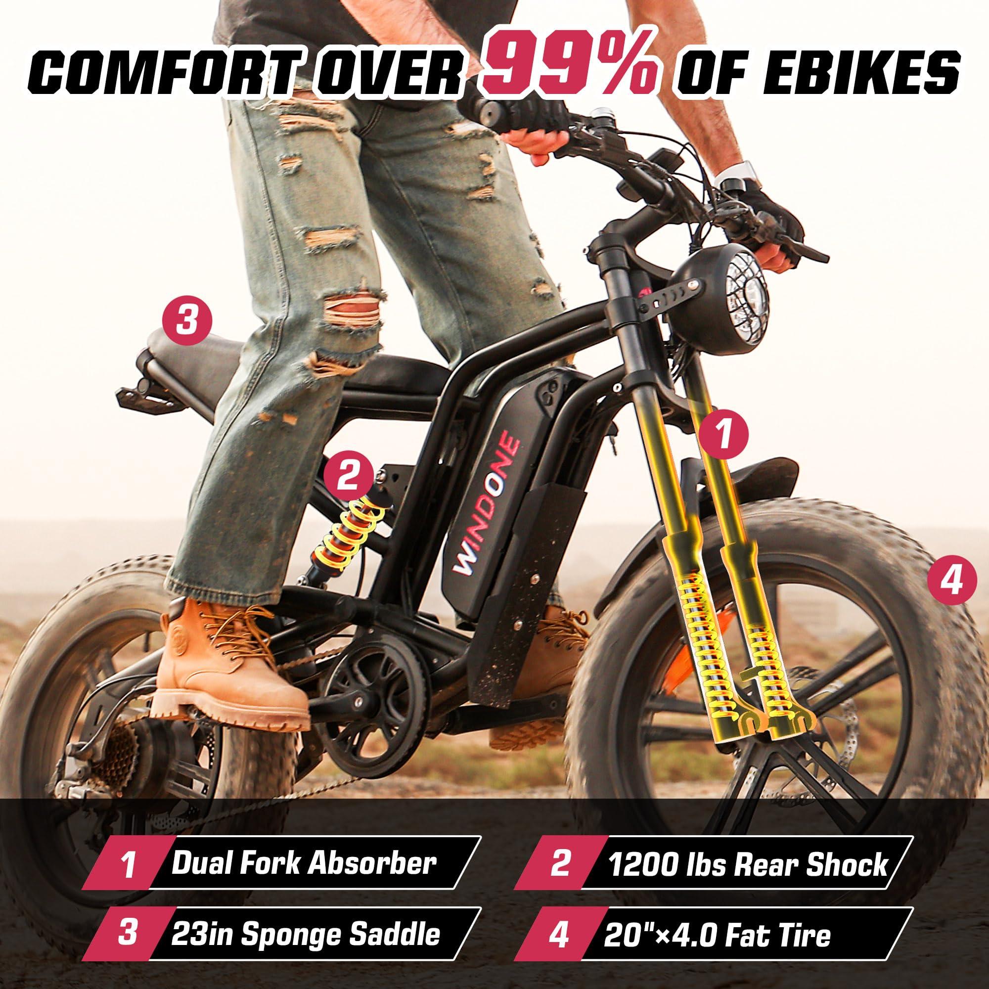 Windone E2/K20 Electric Bike for Adults, 48V 13Ah/15Ah Battery, Up to 28 MPH & 46.6/60 Miles (PAS), 750/1000W Peak Ebike with All-Terrain 20"/26'' Fat Tires, UL Certified, Moped E-Bike - Image 3