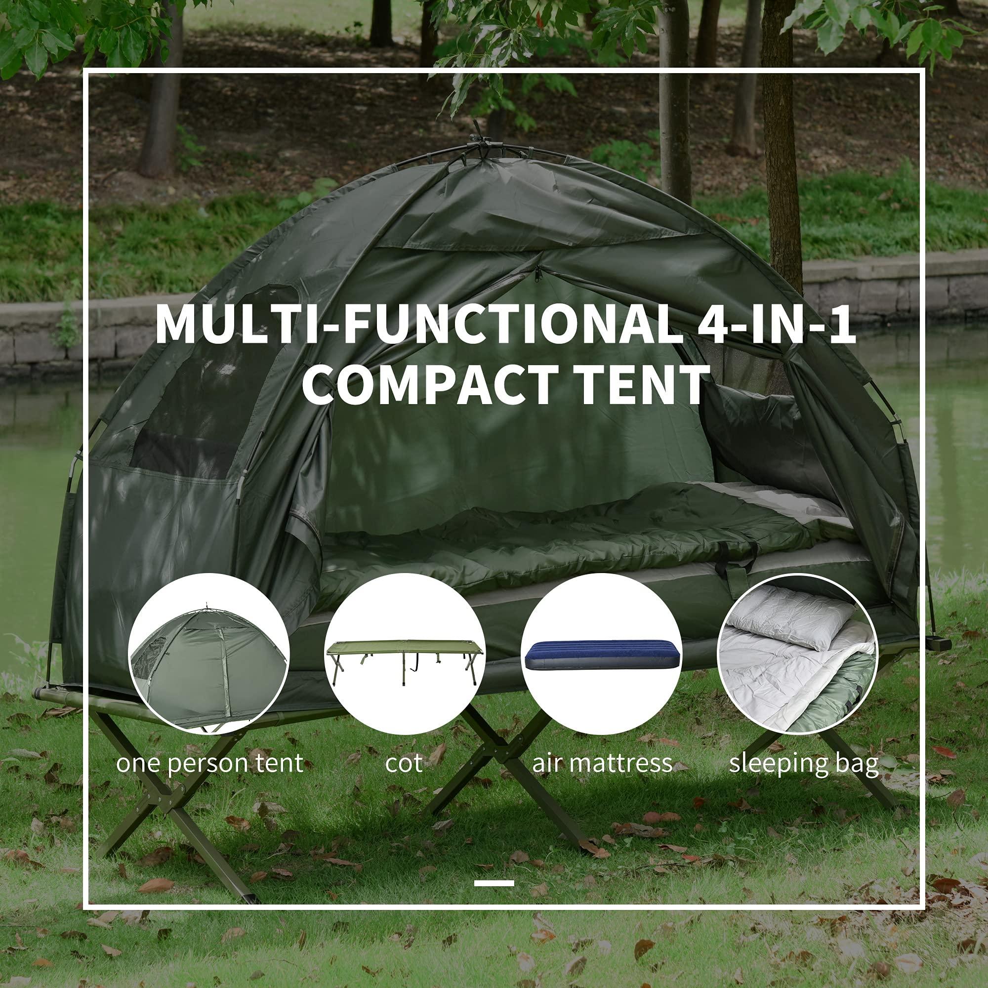 Outsunny Multifunctional Folding Camping Cots for Adults, Elevated Tent with Sleeping Bag, Thick Air Mattress Pad, Portable Single Sleeping Cot Camping Bed - Image 4