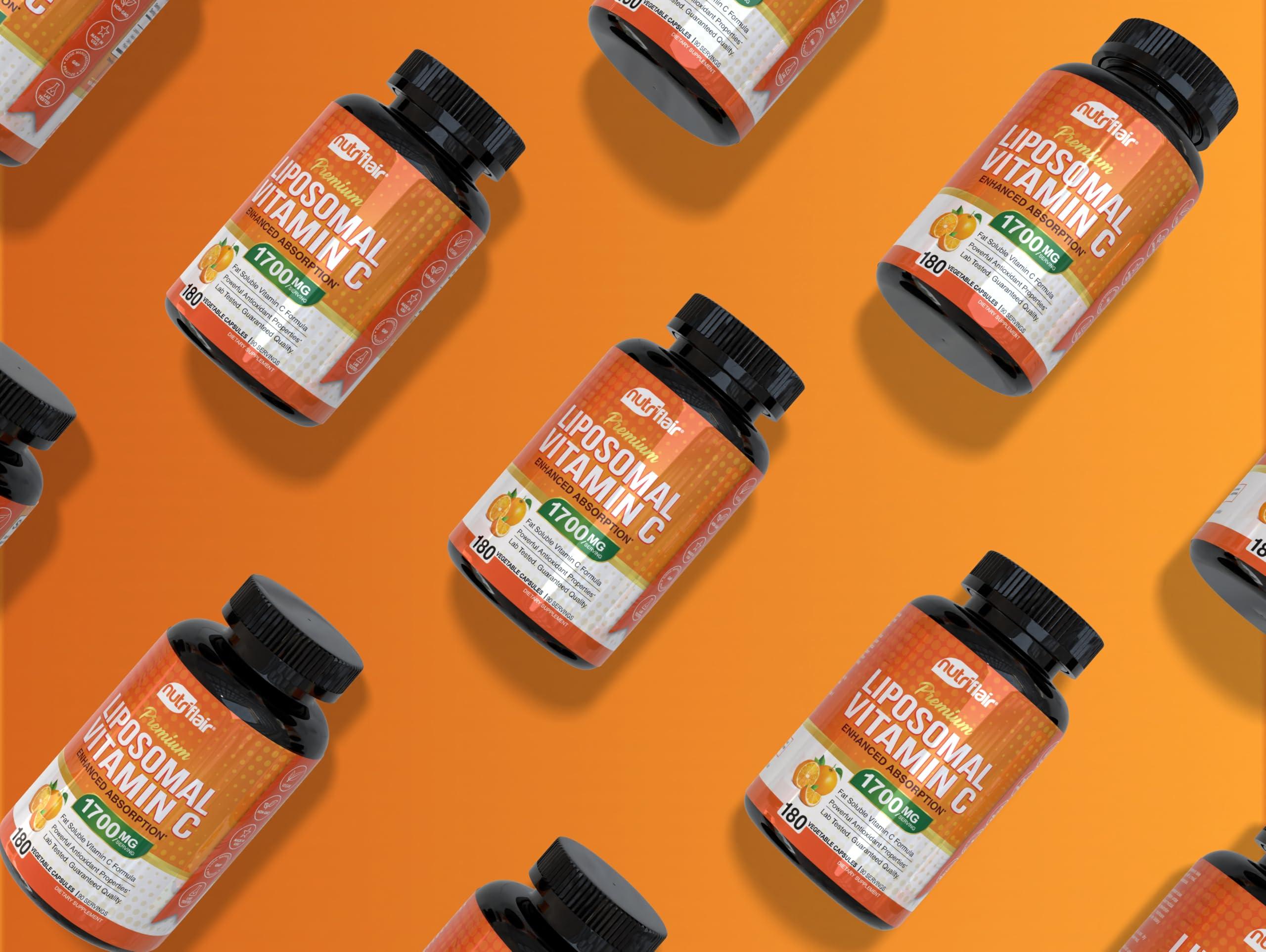 NutriFlair Liposomal Vitamin C 1600mg, 180 Capsules - High Absorption, Fat Soluble VIT C, Antioxidant Supplement, Higher Bioavailability Immune System Support & Collagen Booster, Non-GMO, Vegan Pills - Image 6