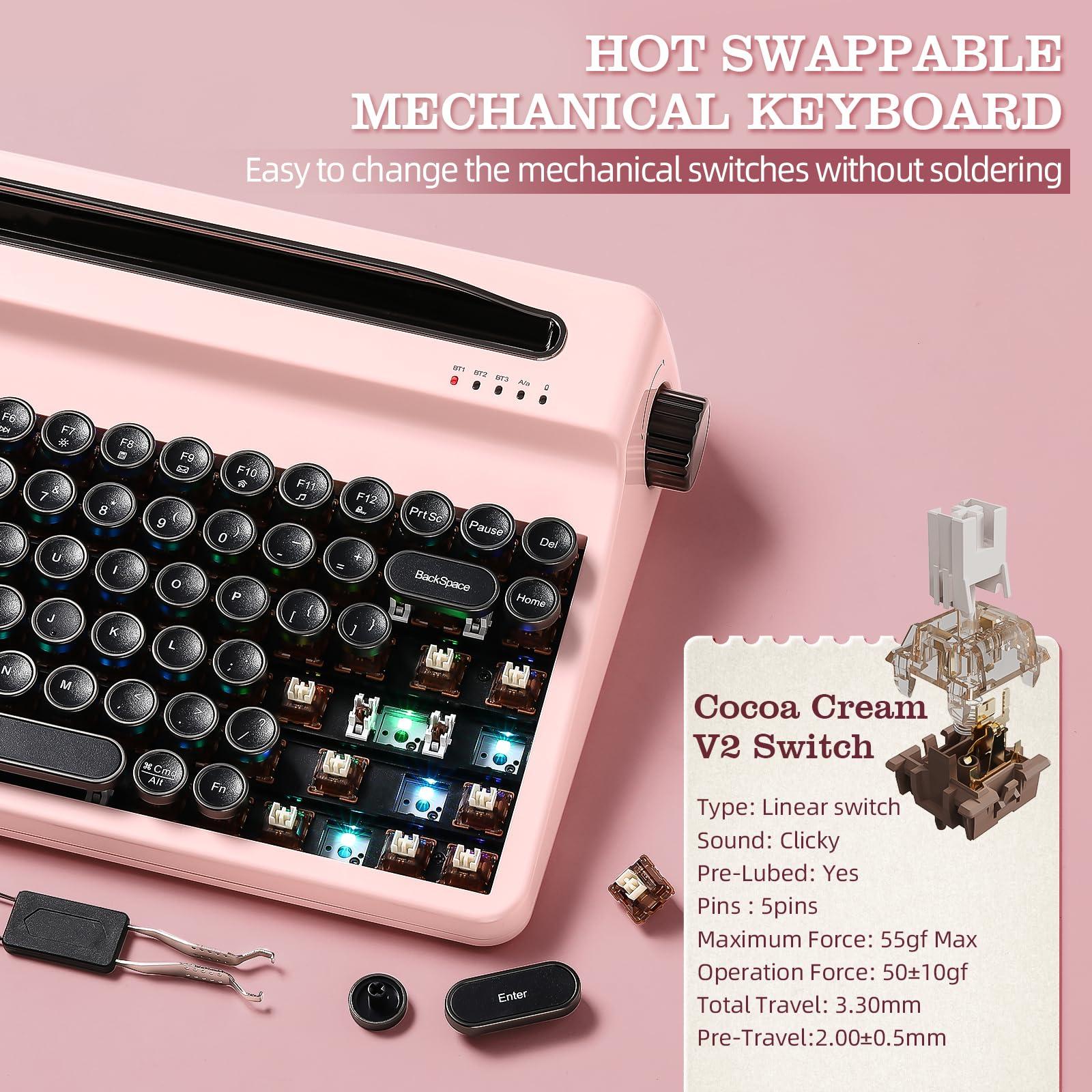 YUNZII QL75 Wireless Typewriter Hot Swap Retro Mechanical Keyboard,Punk Round Keycaps,RGB Backlit QMK/VIA Programmable,Multi-Device Keyboard with 2.4GHz/Type-C/BT5.0 (Pink, Cocoa Cream V2 Switch) - Image 3