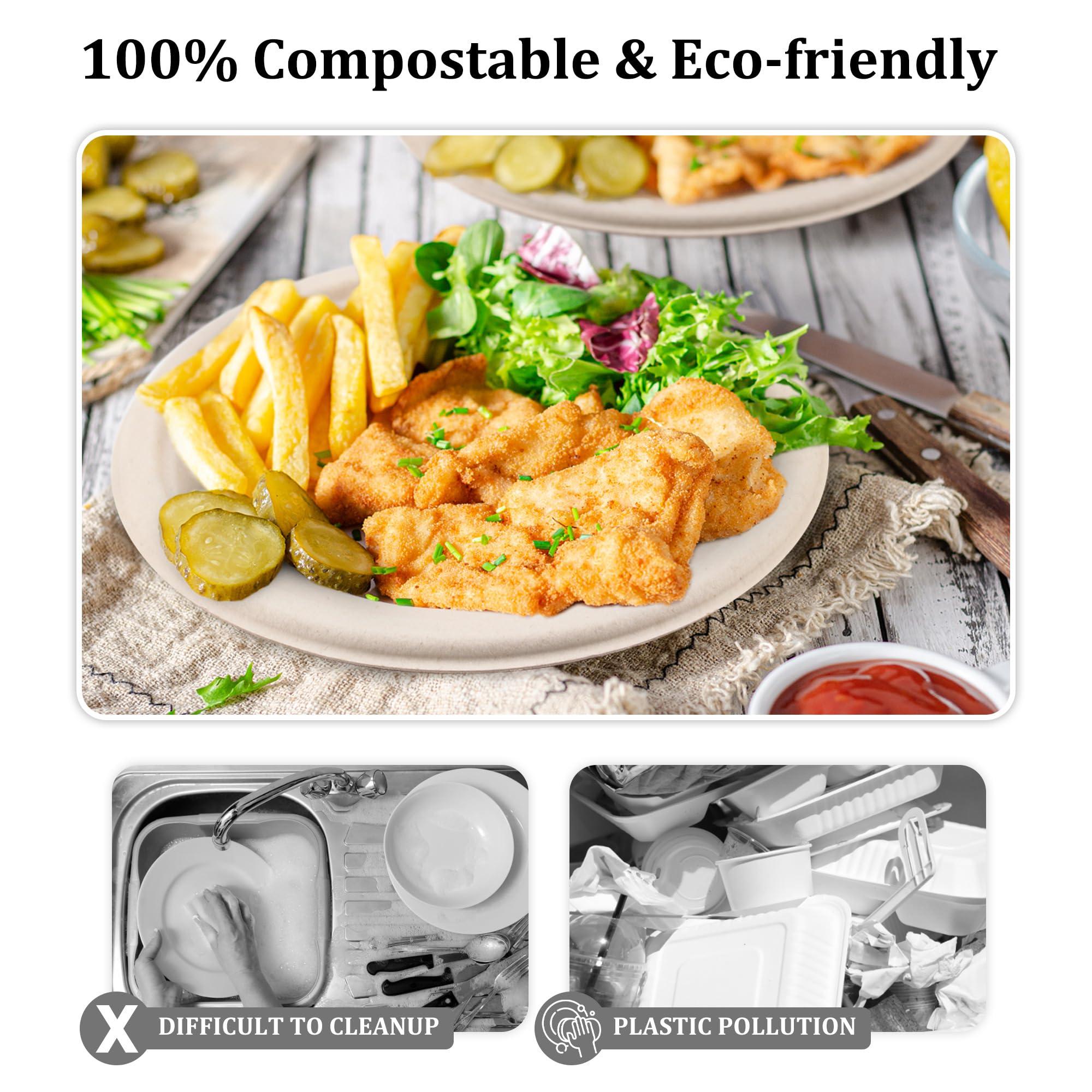 FEHHTO Compostable Paper Plates Set, 250PCS Disposable Heavy-Duty Sugarcane Plate and Eco-Friendly Utensil Biodegradable Dinnerware Plates, Extra Long Forks & Knives & Spoons for Party - Image 7