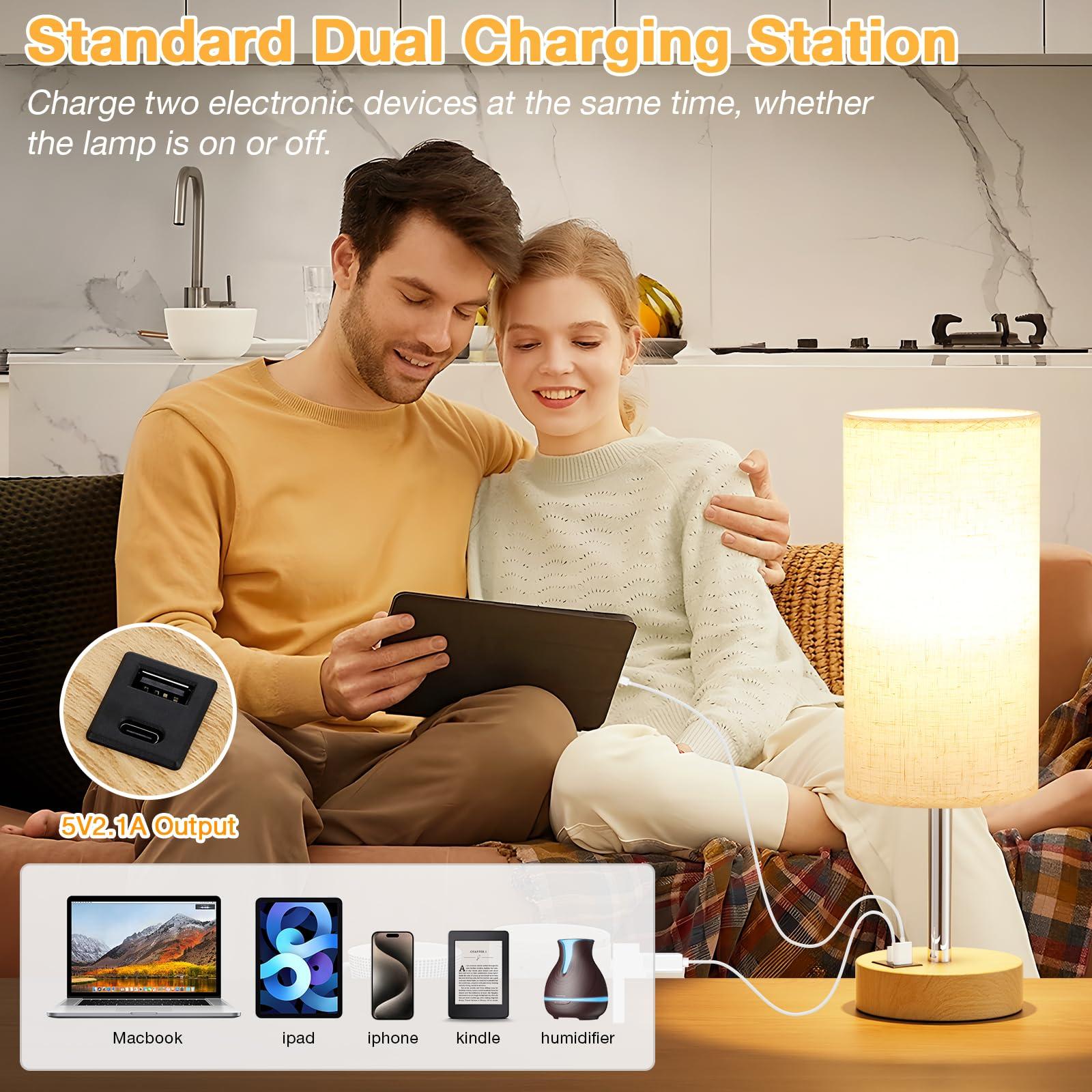 Touch Bedside Table Lamp with USB - 3 Way Dimmable Wood Lamp for Bedroom Nightstand, Desk Lamp with Charging Station for Dorm, Living Room, Office, Kids Room, Nursery, Small - Image 4