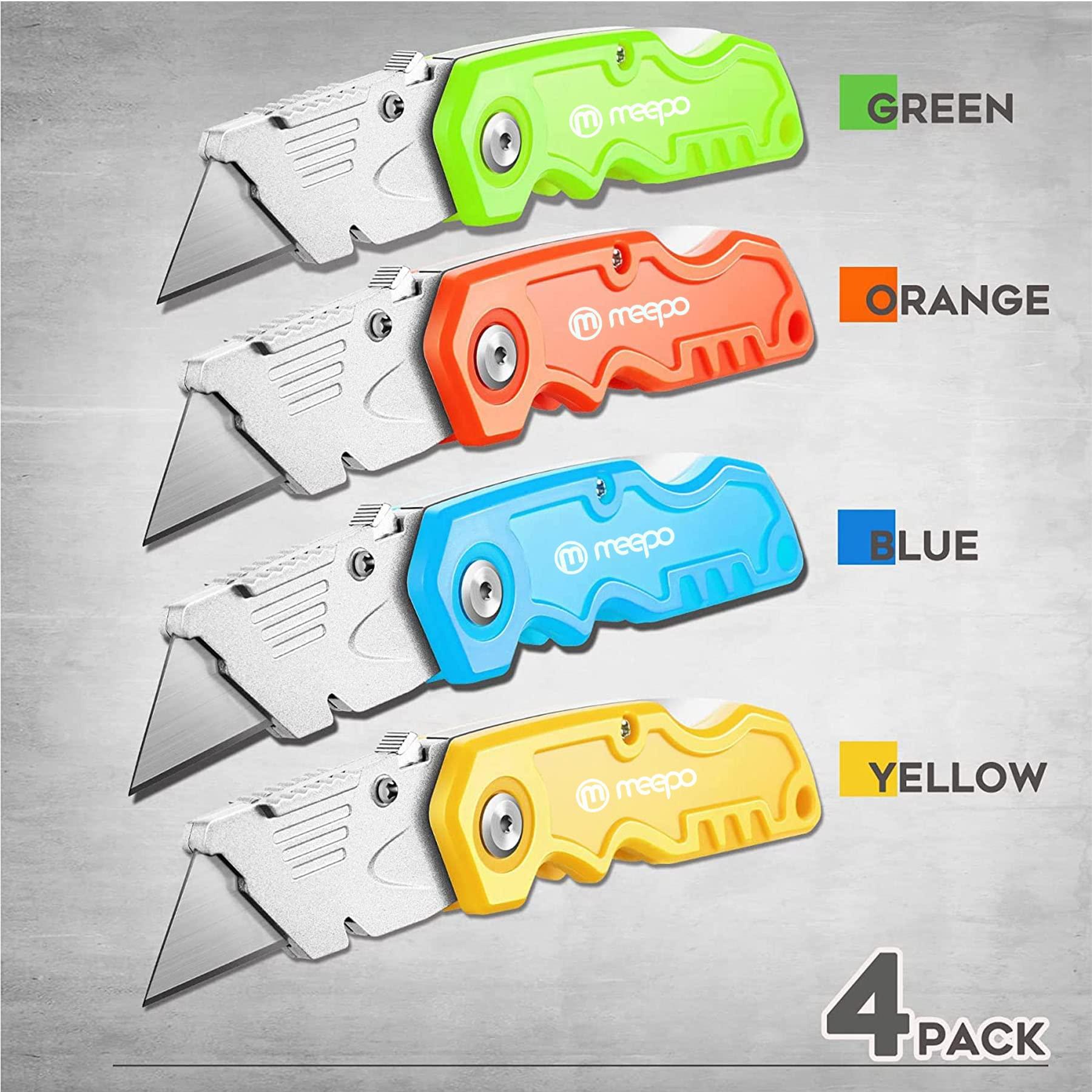 M MEEPO Box Cutter, 4-Pack Tough Folding Box Cutter for Heavy Duty Purpose, Razor Sharp Blade, Comfortable Handle, with Extra 10-Piece Blades, Can cut Drywall, Sheet Plastic, Linoleum, Boxes, Rope - Image 6