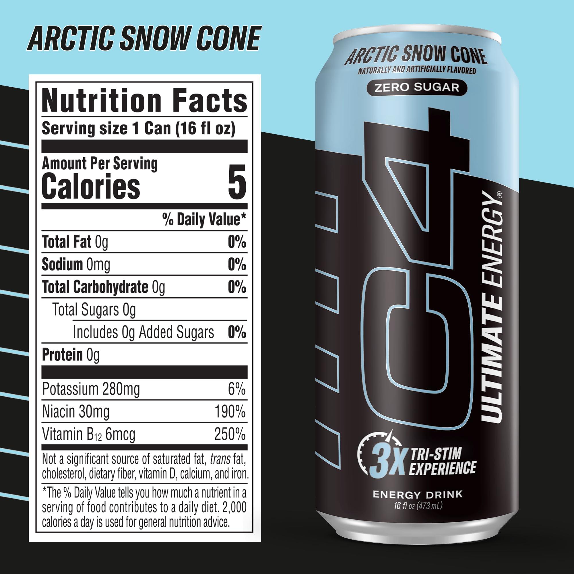 C4 Ultimate Sugar Free Energy Drink 16oz (Pack of 12) | Arctic Snow Cone | Pre Workout Performance Drink with No Artificial Colors or Dyes - Image 7