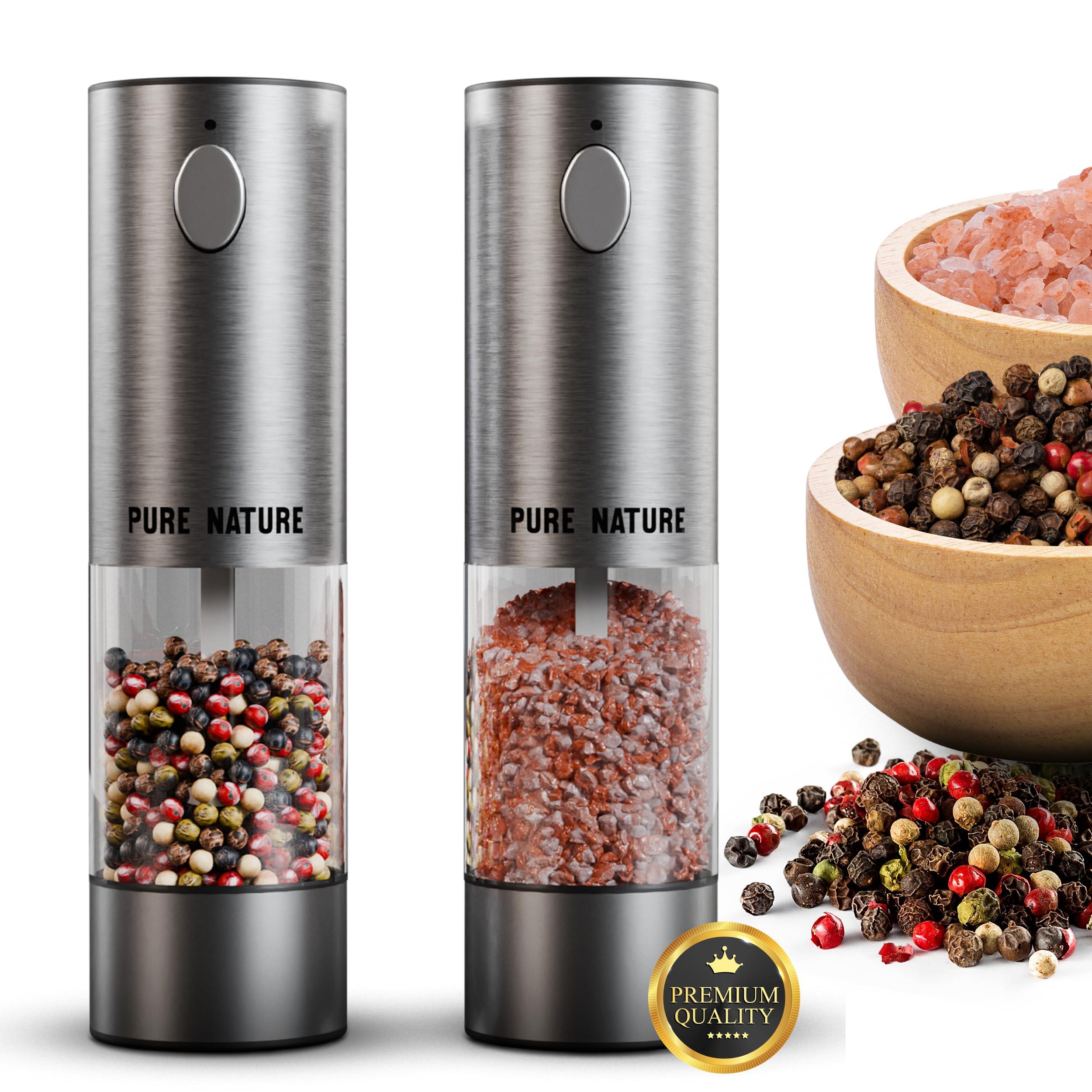 Pure Nature Salt and Pepper Grinder Set with rechargeable base. Premium Stainless Steel up-graded larger capacity with LED Lights, 5 Adjustable Coarseness, Refillable, Type-C Fast Charging. - Image 2