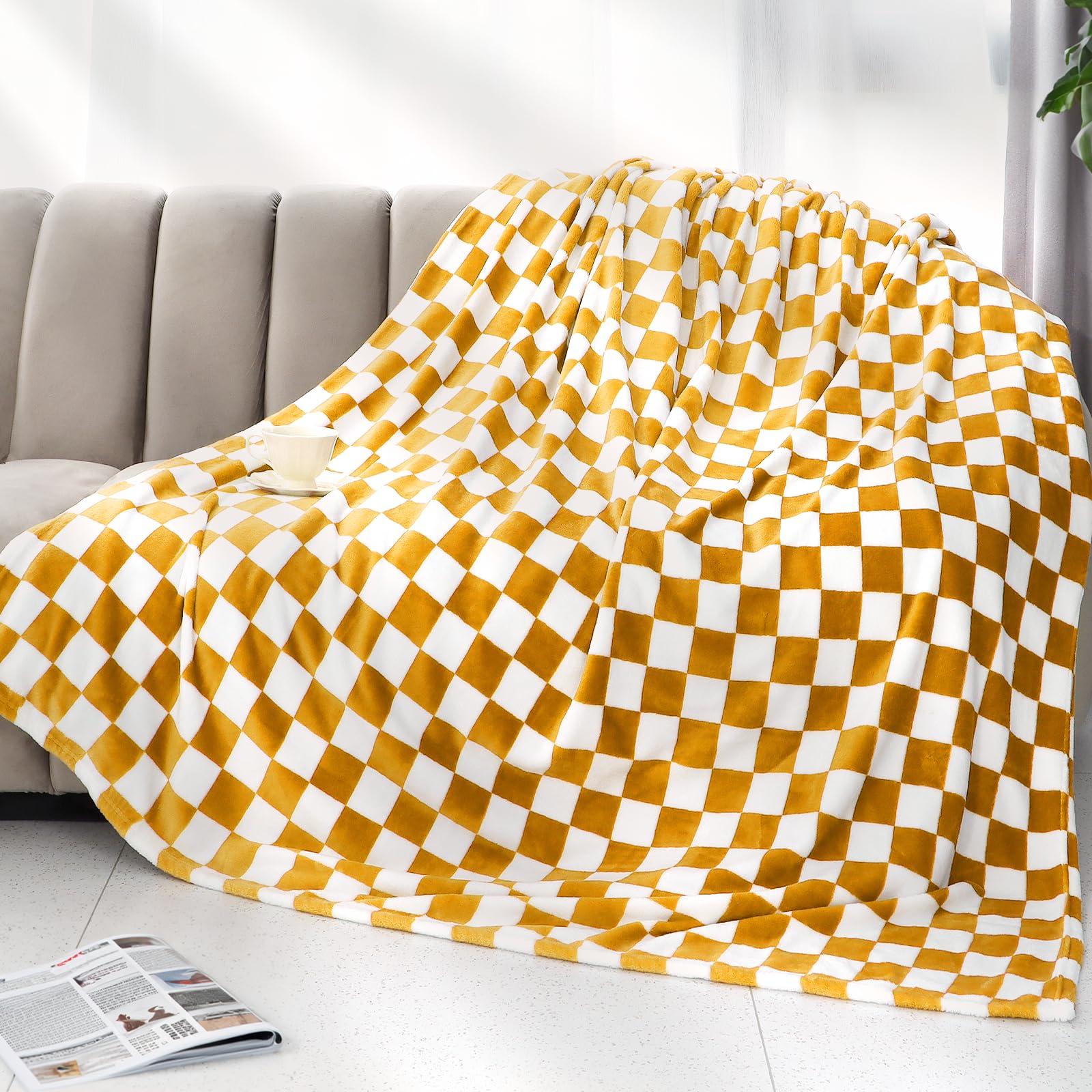 Yellow Checkered Blanket Plaid Throw Blanket Soft Fuzzy Yellow Fleece Blankets for Girls Women