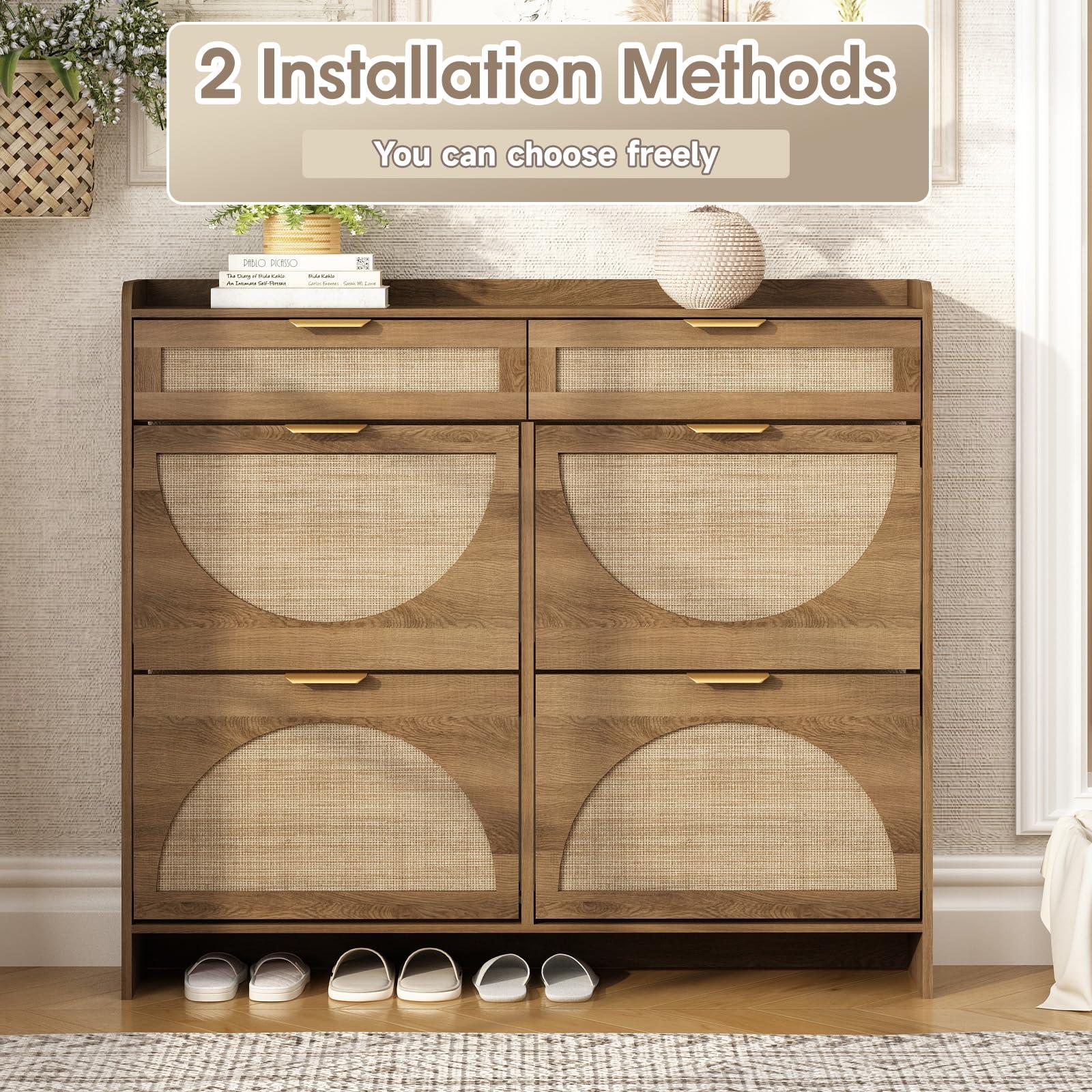 WINWY Rattan Shoe Storage Cabinet with 4 Flip Drawers & 2 Drawers, Freestanding Organizer for Front Door Entrance, Hidden Narrow Shoe Rack Cabinet Storage for Entryway, Rustic Oak Rattan - Image 7