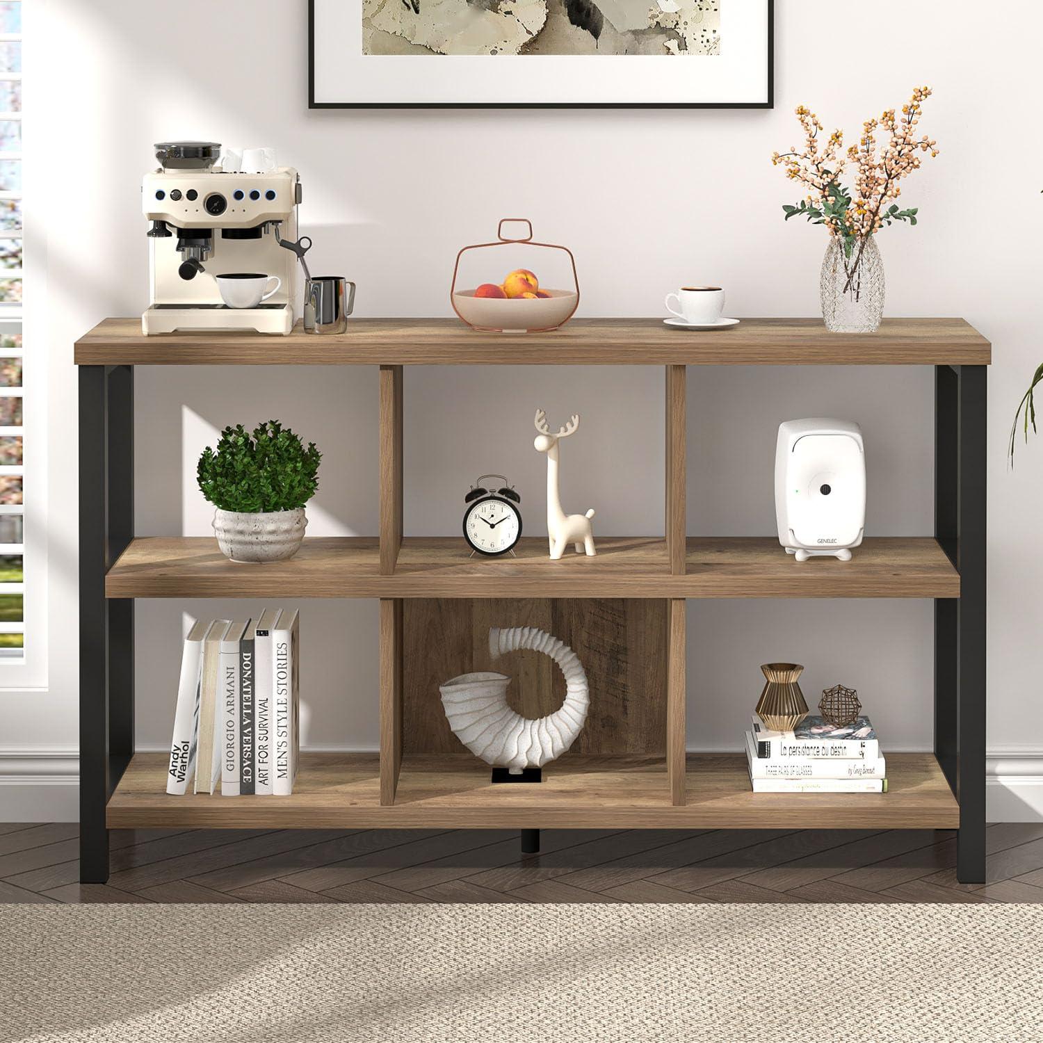 FOLUBAN 6 Cube Storage Organizer with Shelf, Industrial Horizontal Bookshelf, Low Cubby Bookcase for Living Room Bedroom, 47 Inch Oak - Image 7