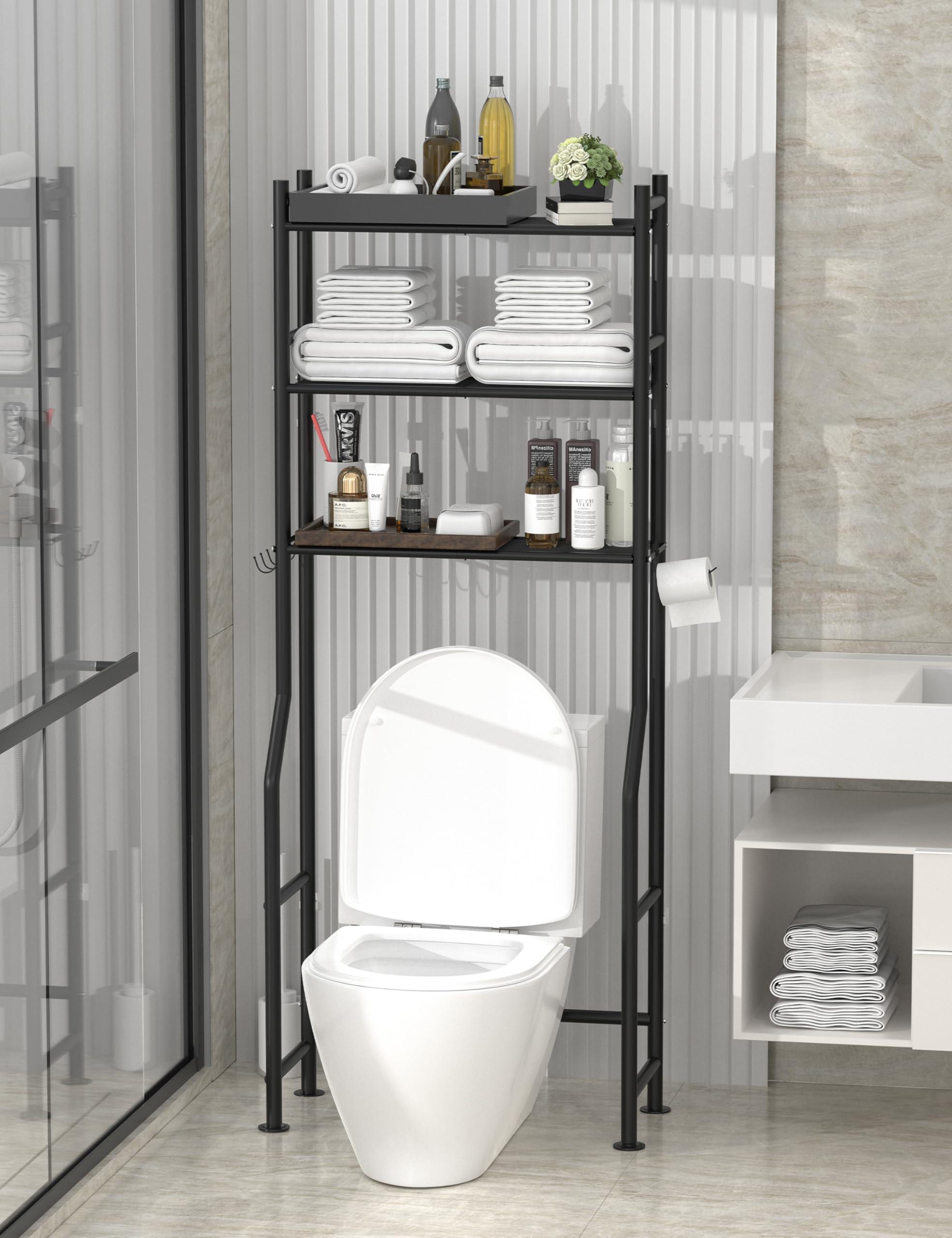 Livilord 3-Tier Over The Toilet Storage, Freestanding Metal Bathroom Shelves with 4 Hooks, Over Toilet Storage Shelf with Paper Holder, Above The Toilet Shelf for Bathroom Storage, Black - Image 2