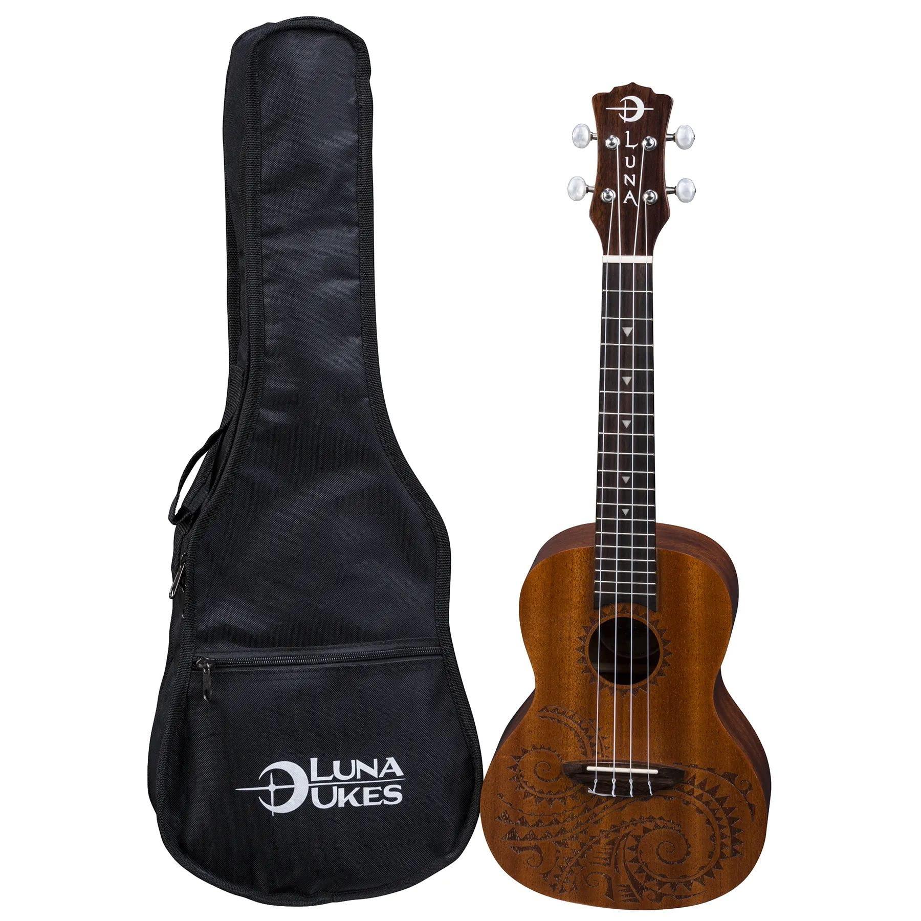 Luna Tattoo Concert Mahogany Ukulele with Gig Bag, Satin Natural - Image 5