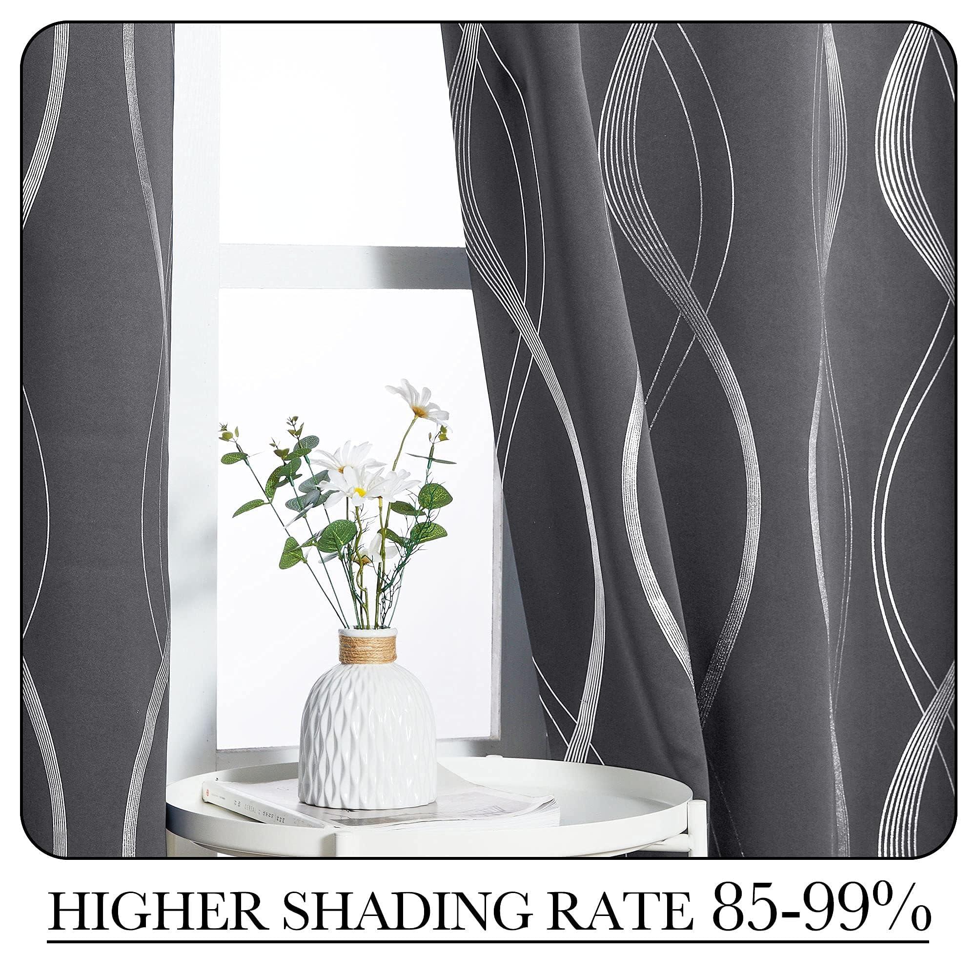 NICETOWN Grey Blackout Curtains for Bedroom/Living Room 84 inch Length 2 Panels Set, Noise Reducing Thermal Insulated Wave Line Foil Print Drapes for Patio Sliding Glass Door (52 x 84) - Image 4