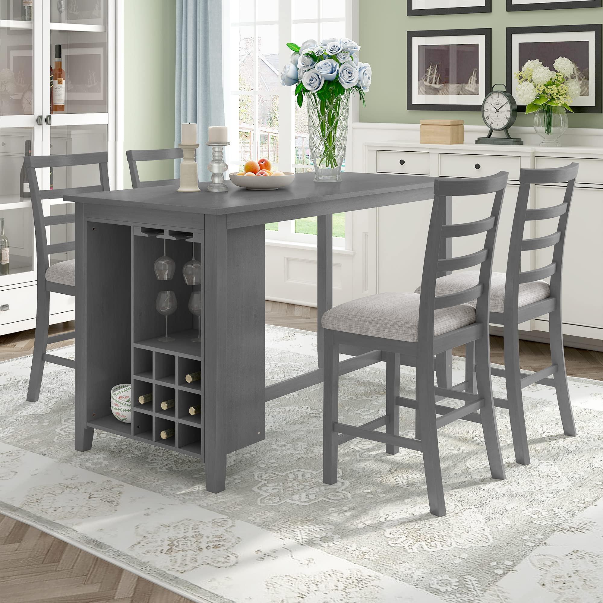 LUMISOL Farmhouse Dining Table Set for 4, Dining Table with Storage Integrated 9 Wine Compartment and Wineglass Holders, 5 Piece Dining Table Set with 4 Upholstered Chairs for Dining Room Kitchen - Image 3