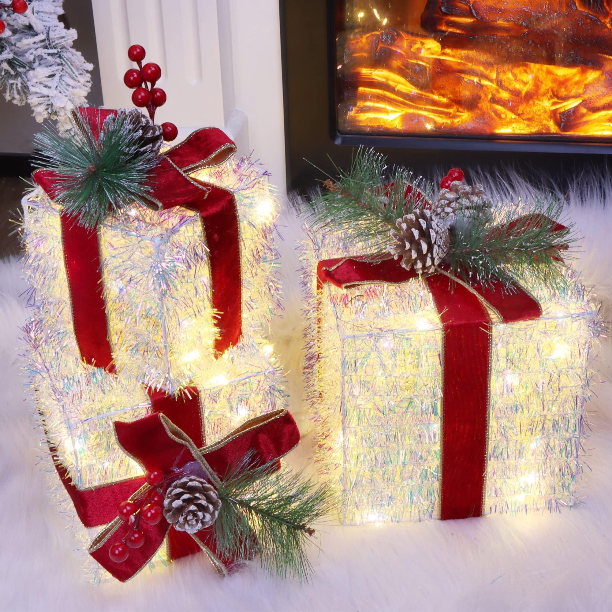 Fulong's Opulent Christmas Lighted Gift Boxes Decor Set of Three Pre-lit LED Presents | Warm White Garden, Porch, Room Decor & Tree Skirt Ornaments | Indoor 60 Lights Set - Image 3