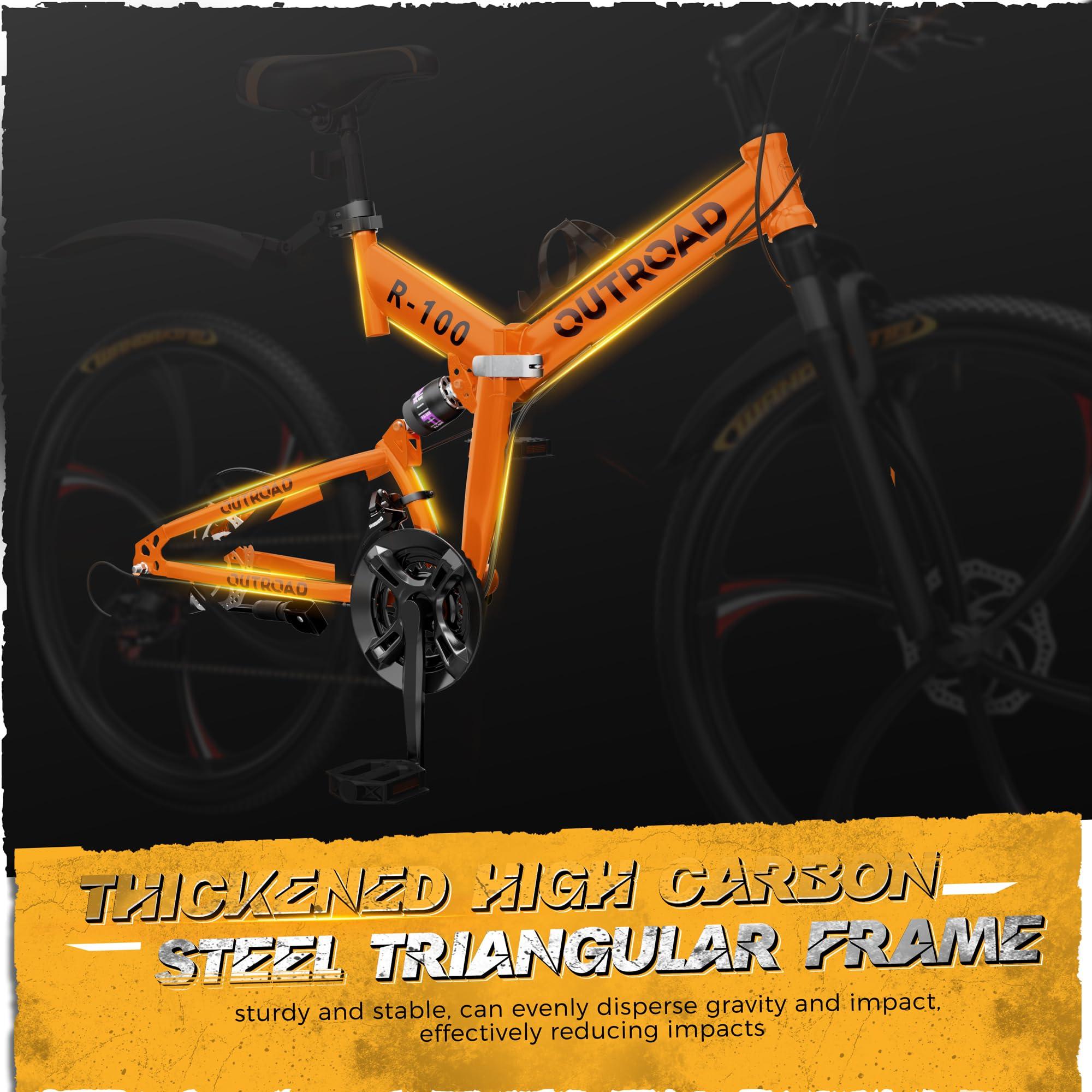 Outroad 26 Inch Folding Mountain Bike, 21 Speed Full Suspension High-Carbon Steel MTB Foldable Bicycle, Dual Disc Brake Non-Slip Folding Bikes for Adults/Men/Women, Black, Orange and Green - Image 8