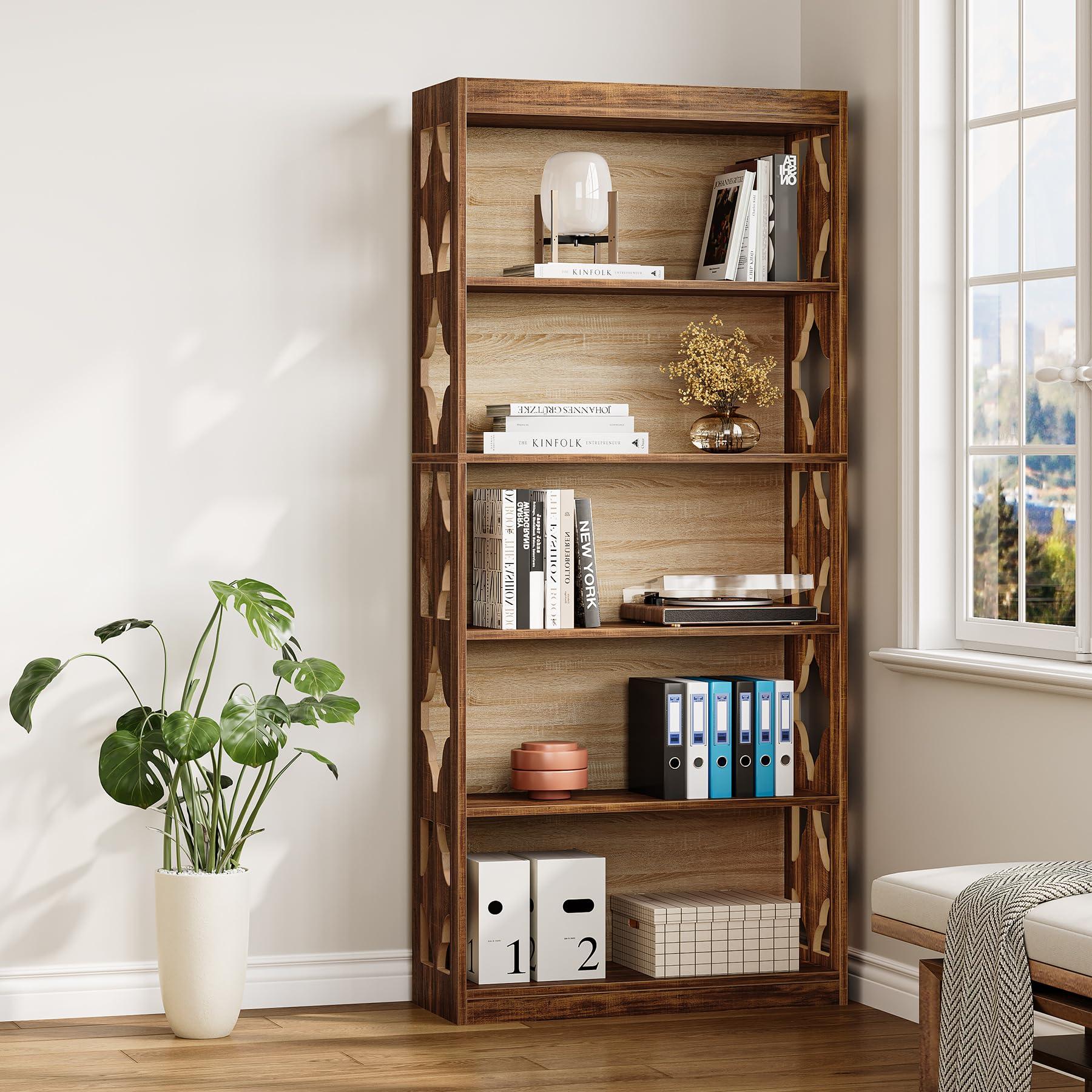 LITTLE TREE 69.9" Vintage Bookshelf, 5-Tier Tall Bookshelves, Cutout Design Vertical Bookcase, Freestanding Storage Display Shelf for Living Room, Bedroom, Study, Office, 1 Pack - Image 3
