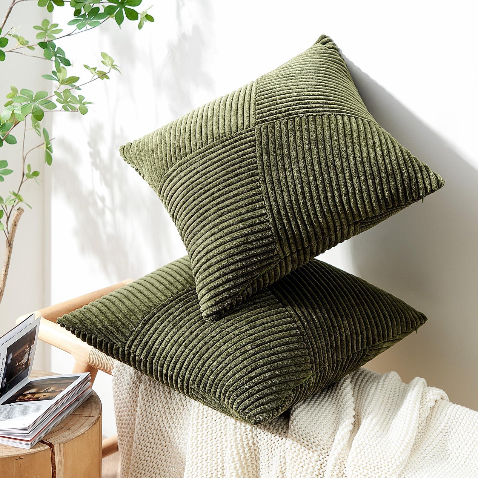 Topfinel Olive Green Decorative Throw Pillow Covers Set of 2 18x18 Inches for Couch Bed Sofa, Boho Aesthetic Home Decor, Soft Corduroy Striped Patchwork Windmill Textured Cushion Cases 45x45 cm - Image 7