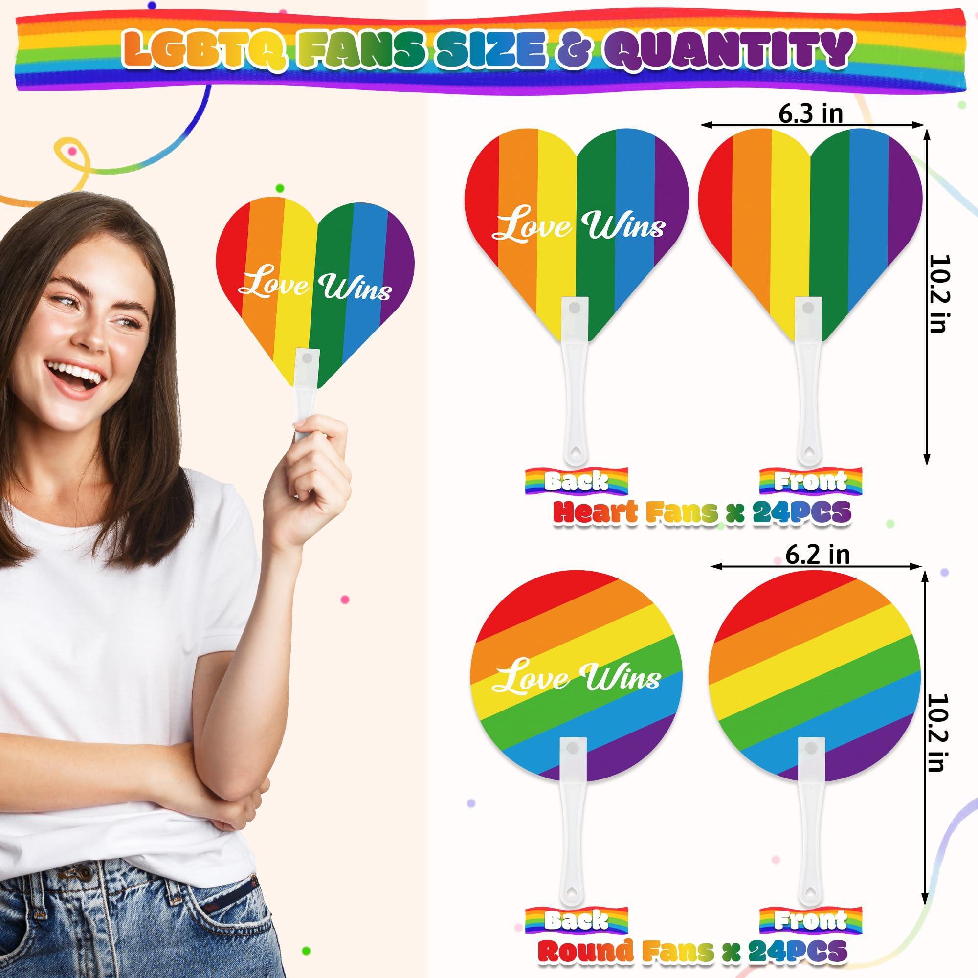Blowata 48Pcs Pride Accessories Includes Gay Hand Fans - Heart and Round Rainbow Hand Fan for Parties, Festivals & Parades, Sturdy LGBT Plastic Fan for Pride Gifts and Pride Party Supplies - Image 3